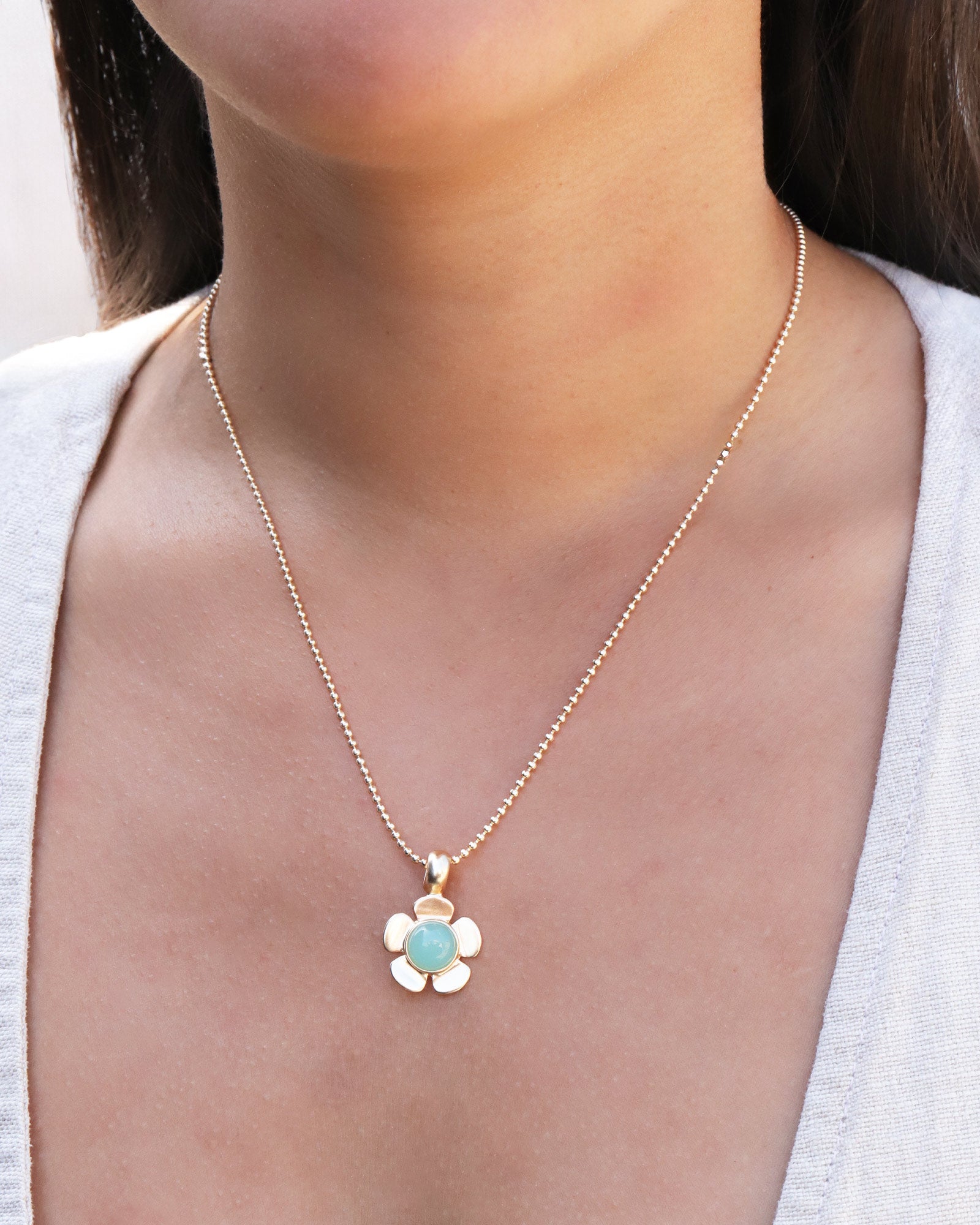 Atelier Mon-Daisy Stone Ball Chain Necklace-Necklaces-14k Gold Plated, Aqua Chalcedony-Blue Ruby Jewellery-Vancouver Canada