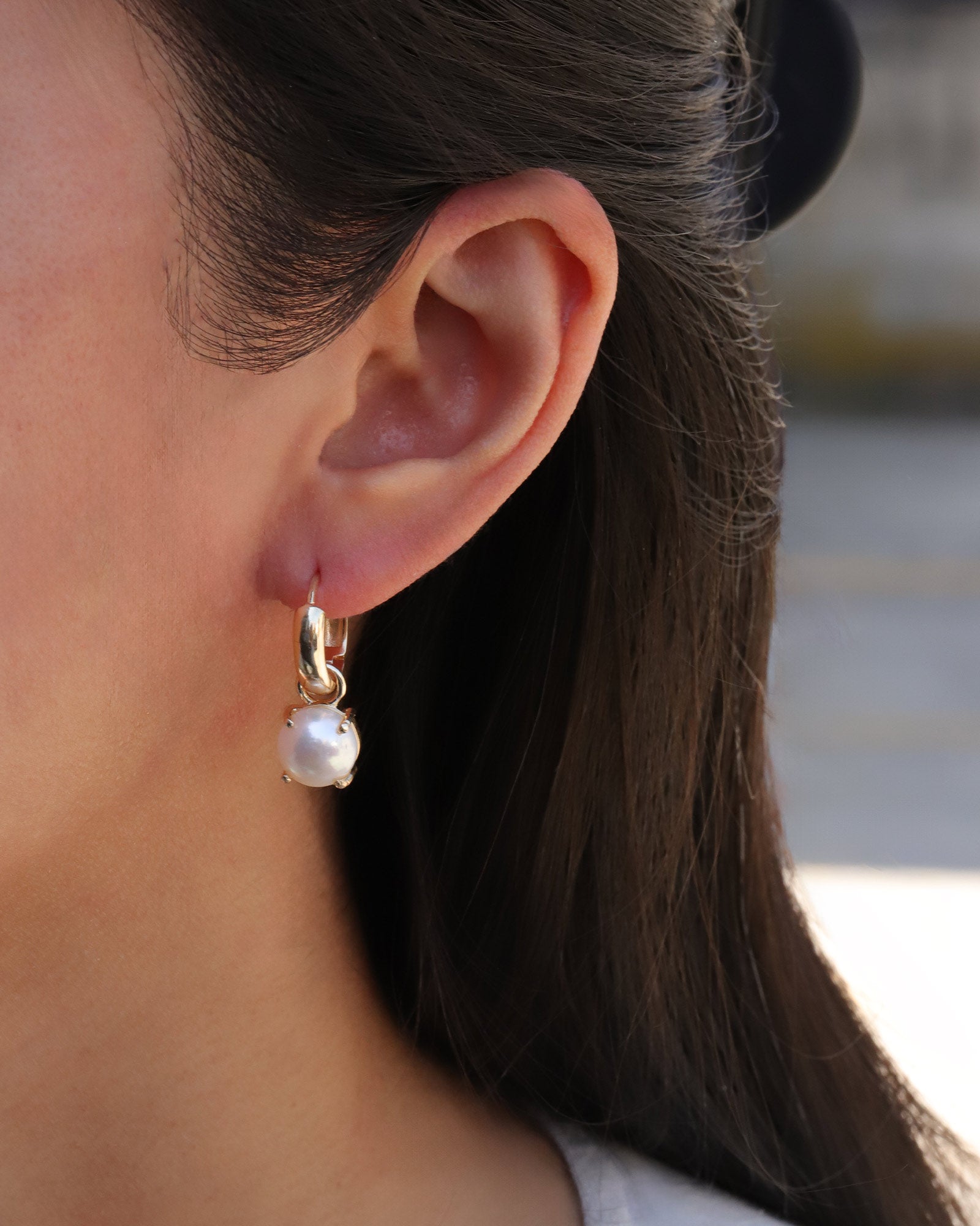 Atelier Mon-Single Pearl Drop Huggies-Earrings-14k Gold Plated, White Pearl-Blue Ruby Jewellery-Vancouver Canada