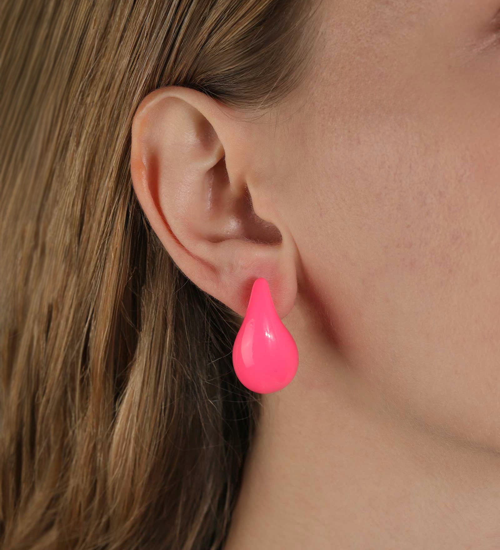 Enamel Teardrop Studs 18k Gold Plated, Hot Pink Enamel