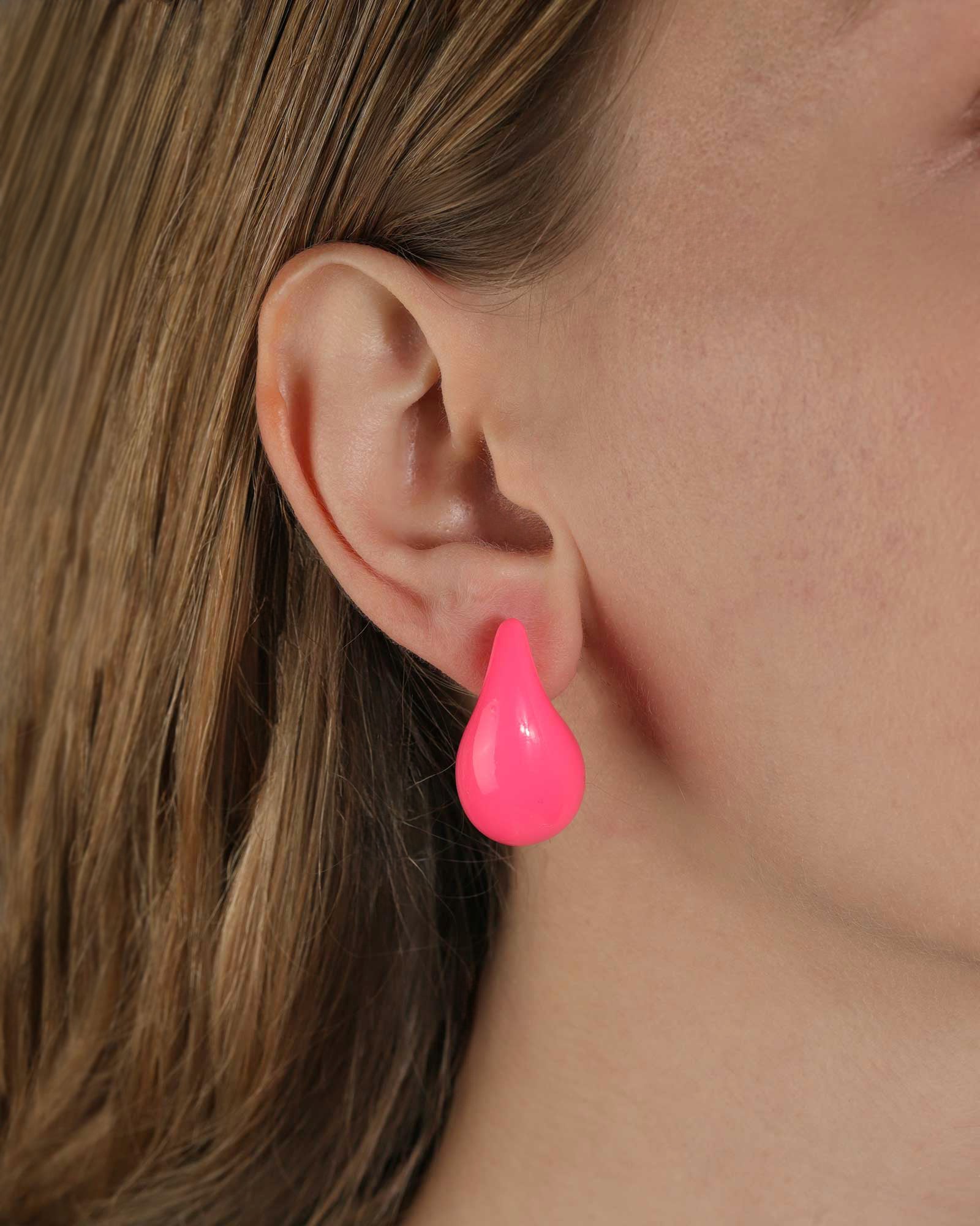 Enamel Teardrop Studs 18k Gold Plated, Hot Pink Enamel