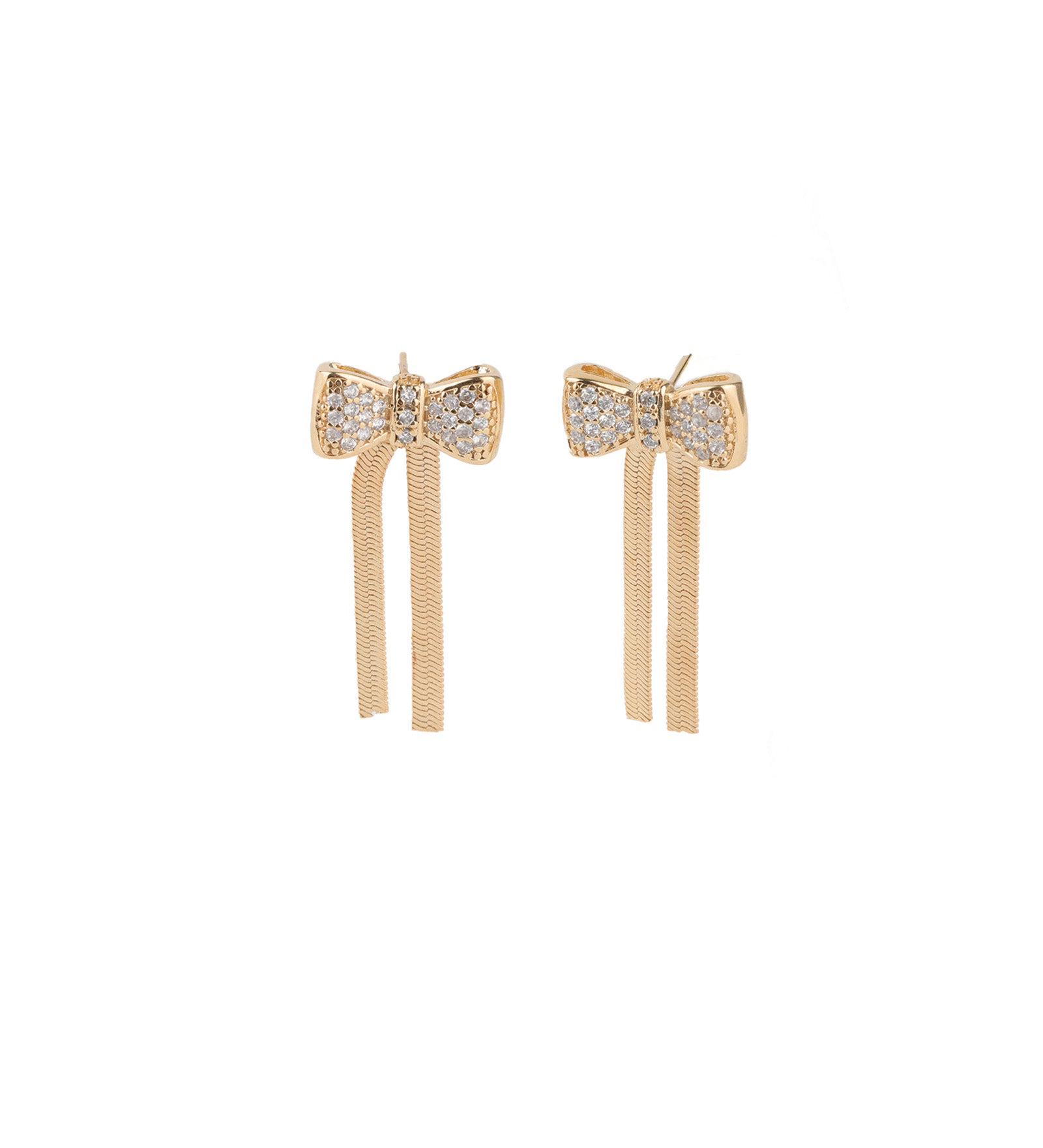 Pavé Bowtie Chain Drop Studs 18k Gold Plated, Cubic Zirconia