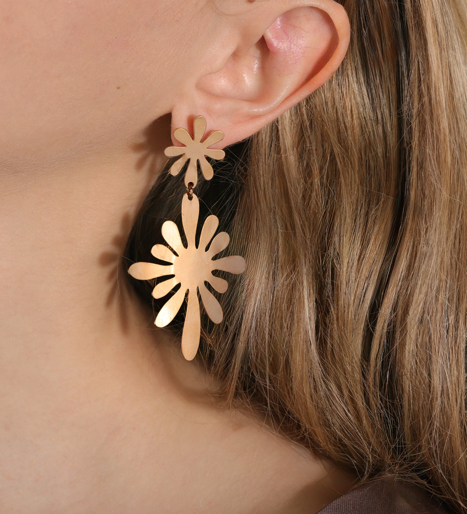 Retro Two Flower Drop Studs 18k Gold Plated