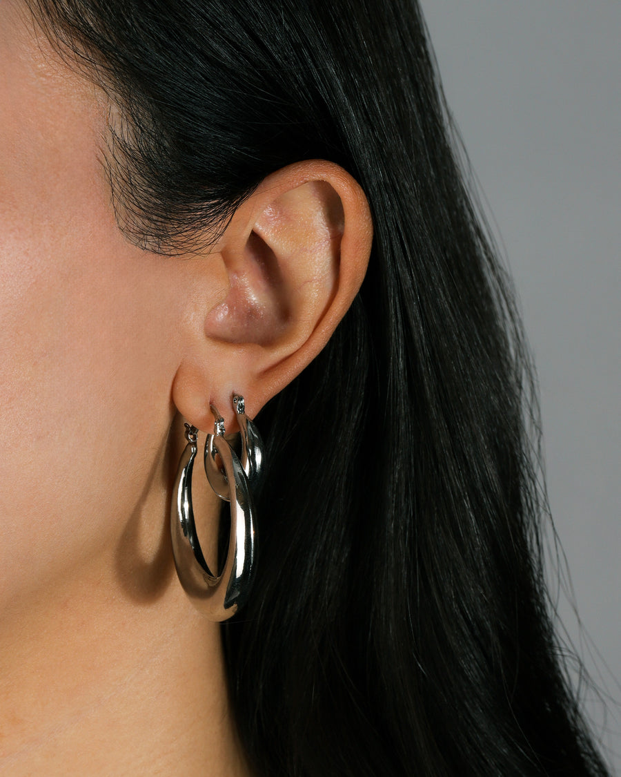 Teardrop Round Hoops | 40mm Rhodium Plated