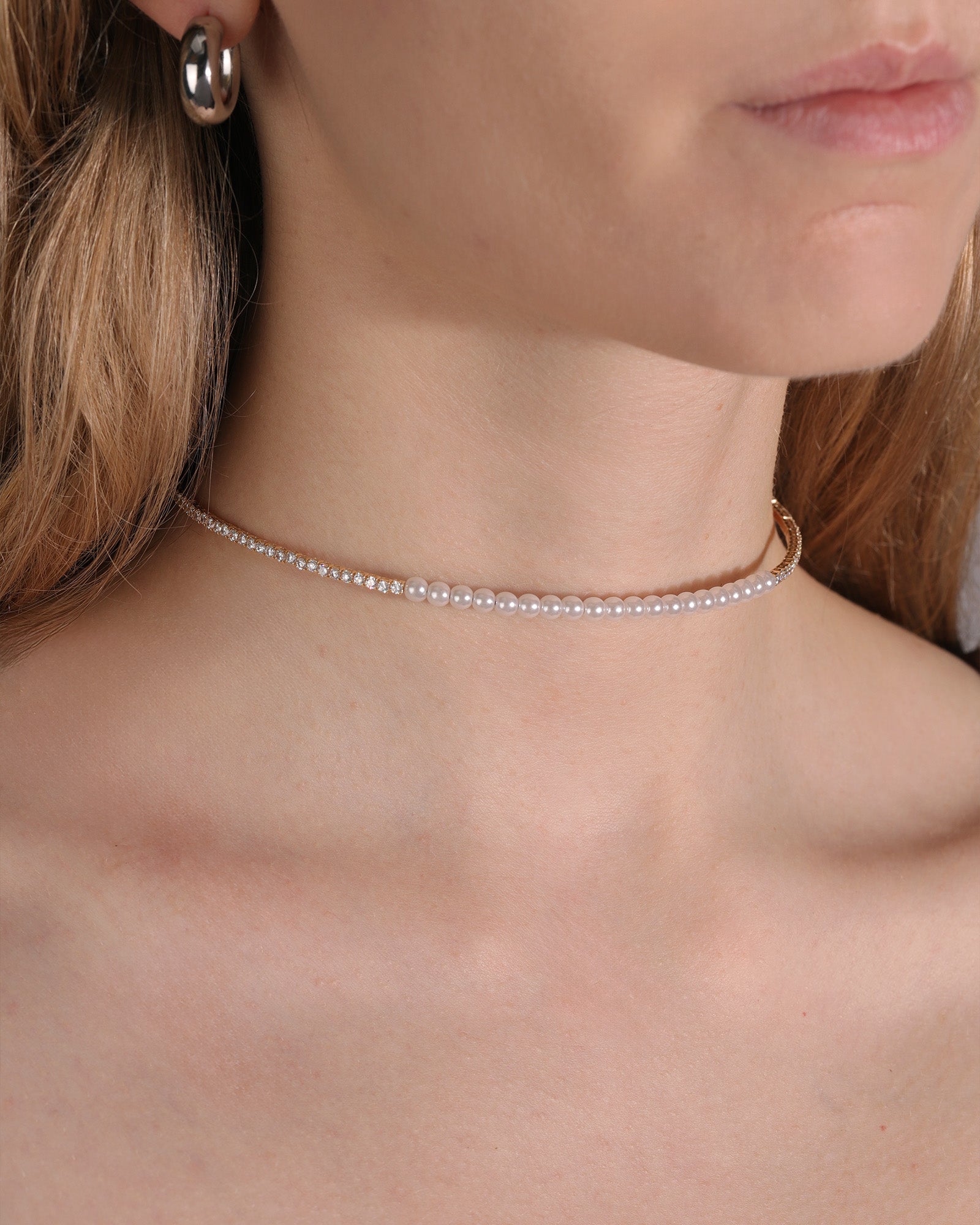 Pearl CZ Choker 18k Gold Plated, Cubic Zirconia