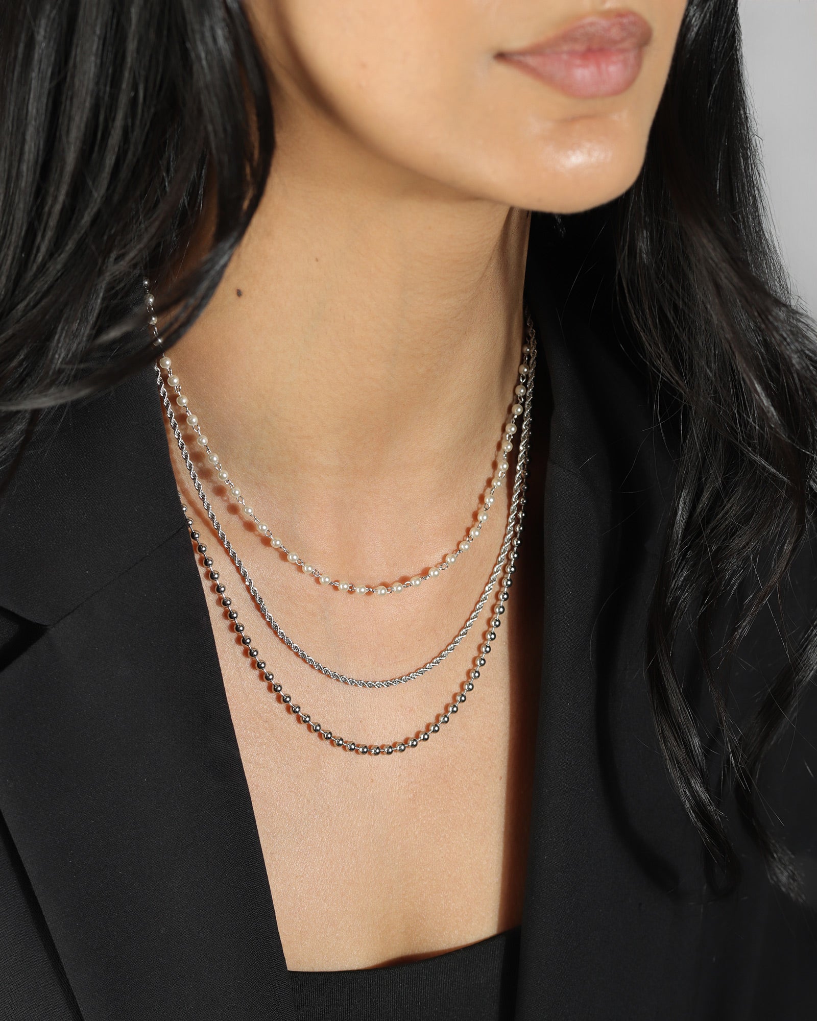 3 Row Pearl Bead Chain Necklace Rhodium Plated, White Pearl