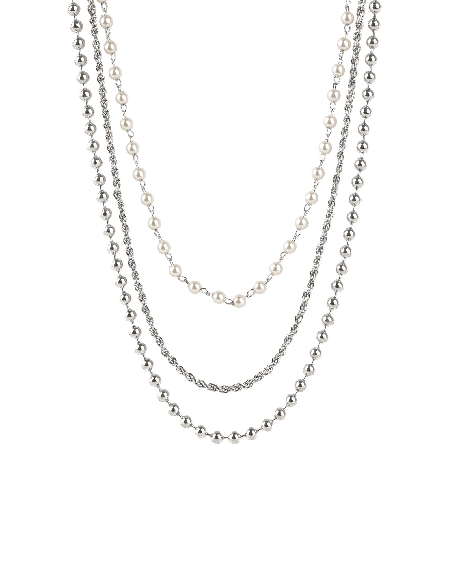 Baseline-3 Row Pearl Bead Chain Necklace-Necklaces-Rhodium Plated, White Pearl-Blue Ruby Jewellery-Vancouver Canada