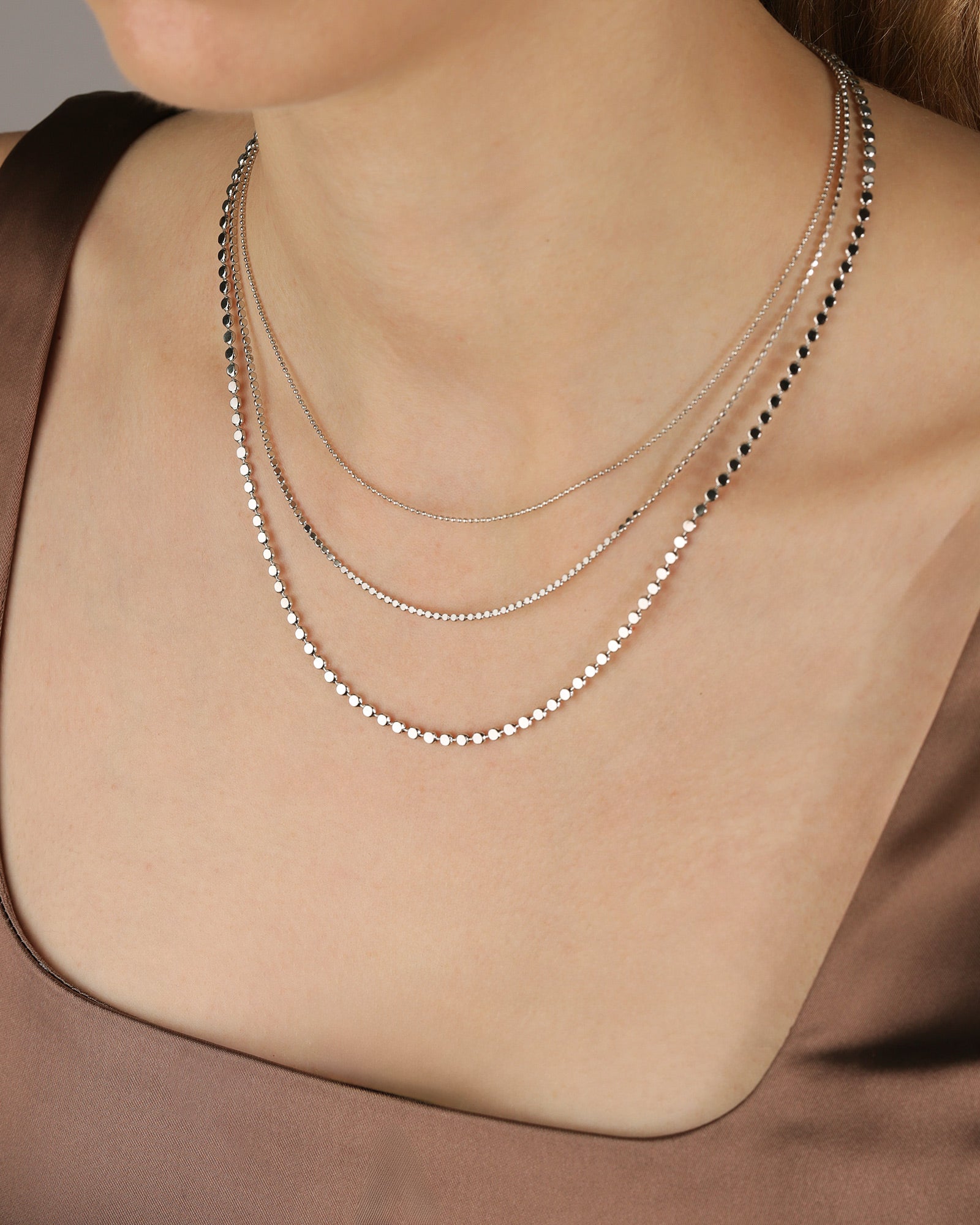 3 Row Ball Disc Necklace Rhodium Plated