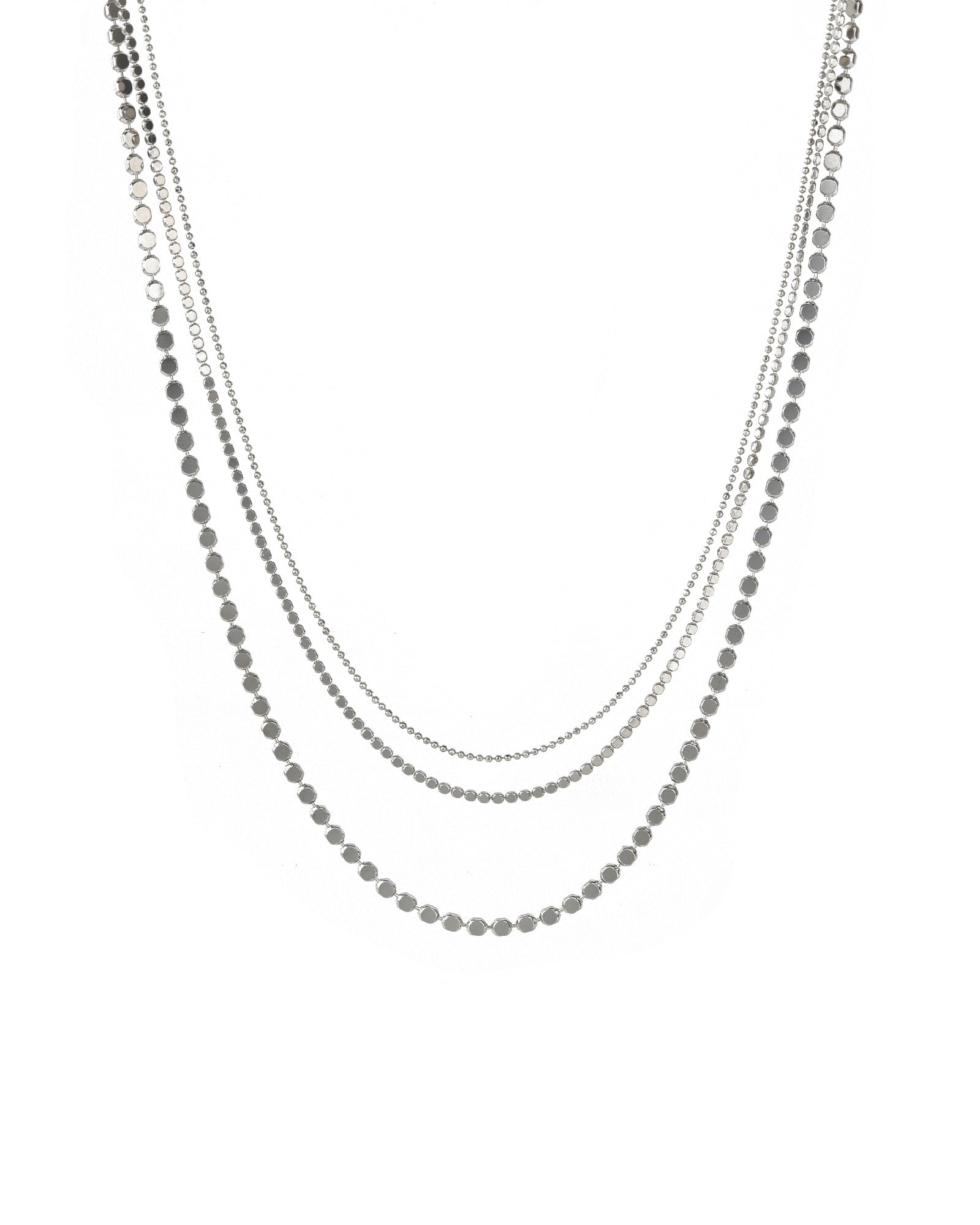 3 Row Ball Disc Necklace Rhodium Plated