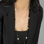 Long Pearl Station Necklace 18k Gold Plated, White Pearl