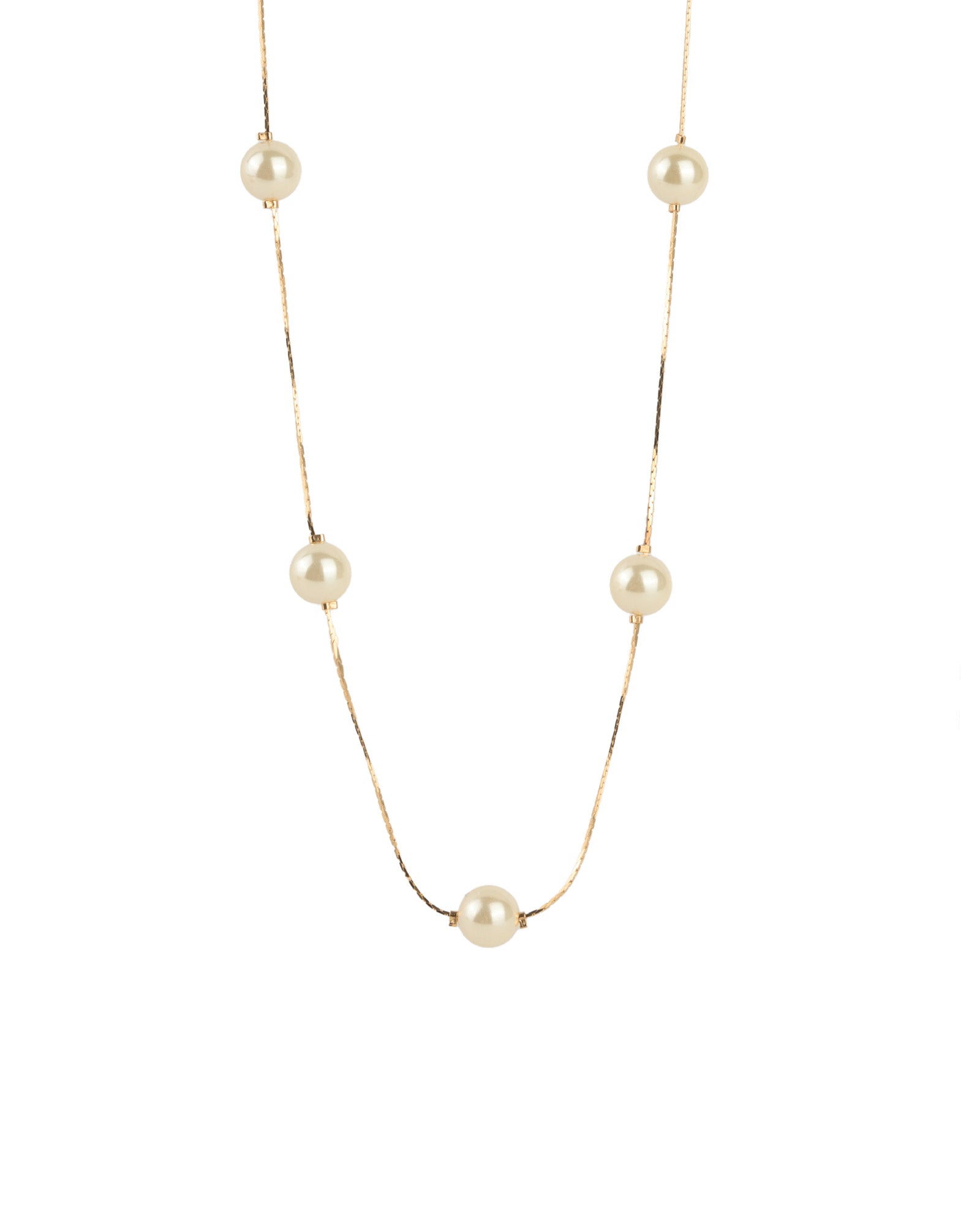 Long Pearl Station Necklace 18k Gold Plated, White Pearl