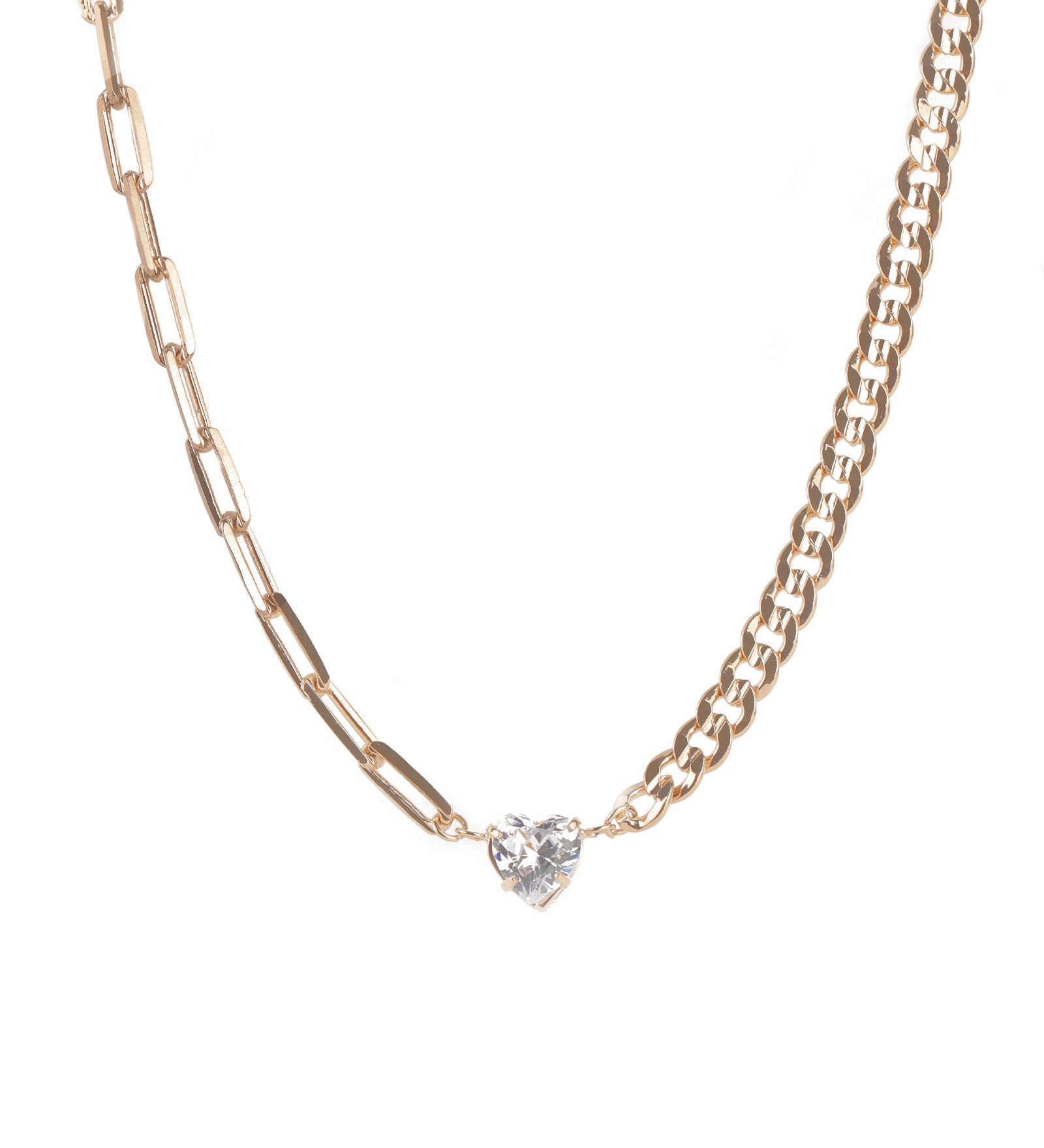 Heart CZ Curb Paperclip Necklace 18k Gold Plated, Cubic Zirconia