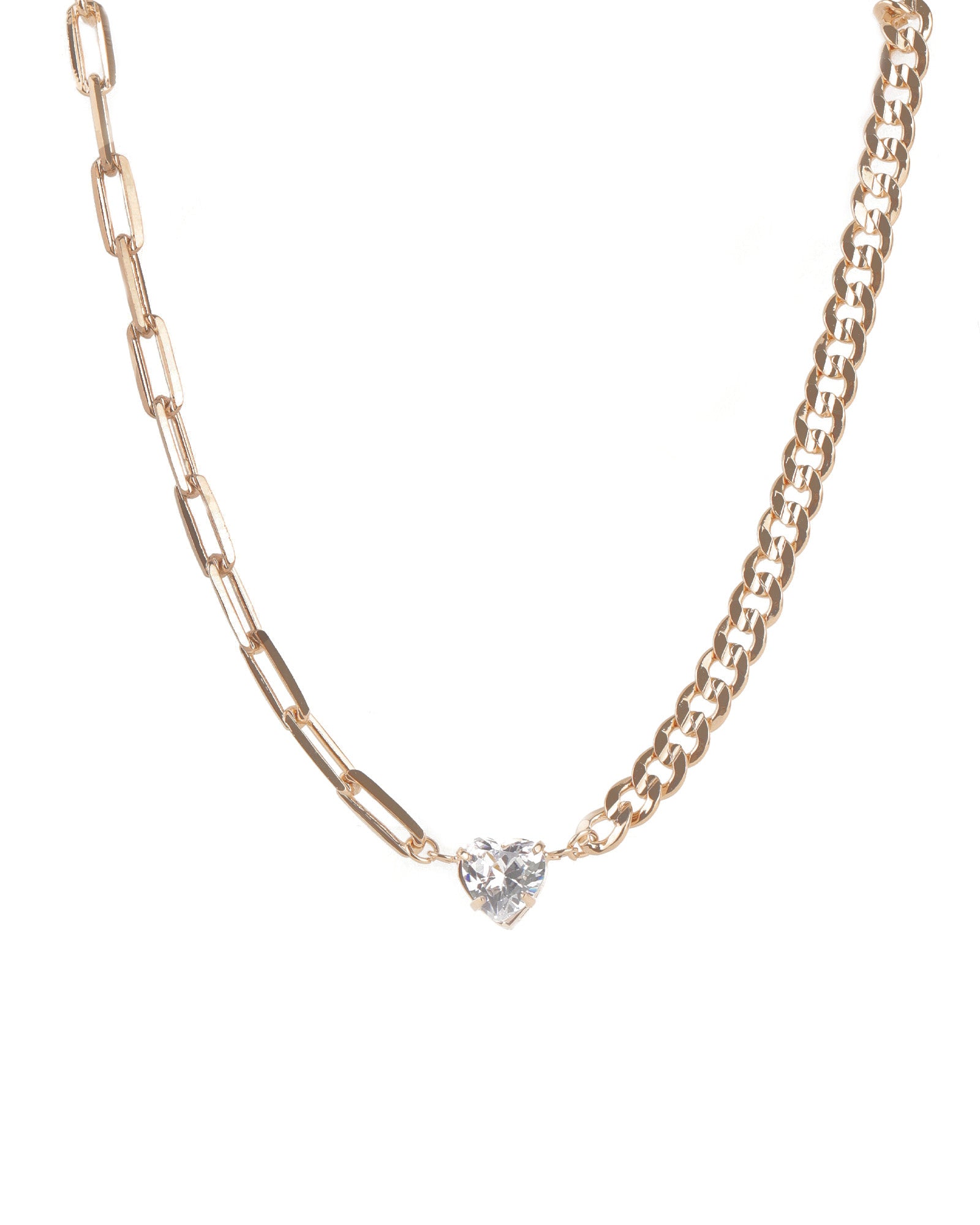 Heart CZ Curb Paperclip Necklace 18k Gold Plated, Cubic Zirconia