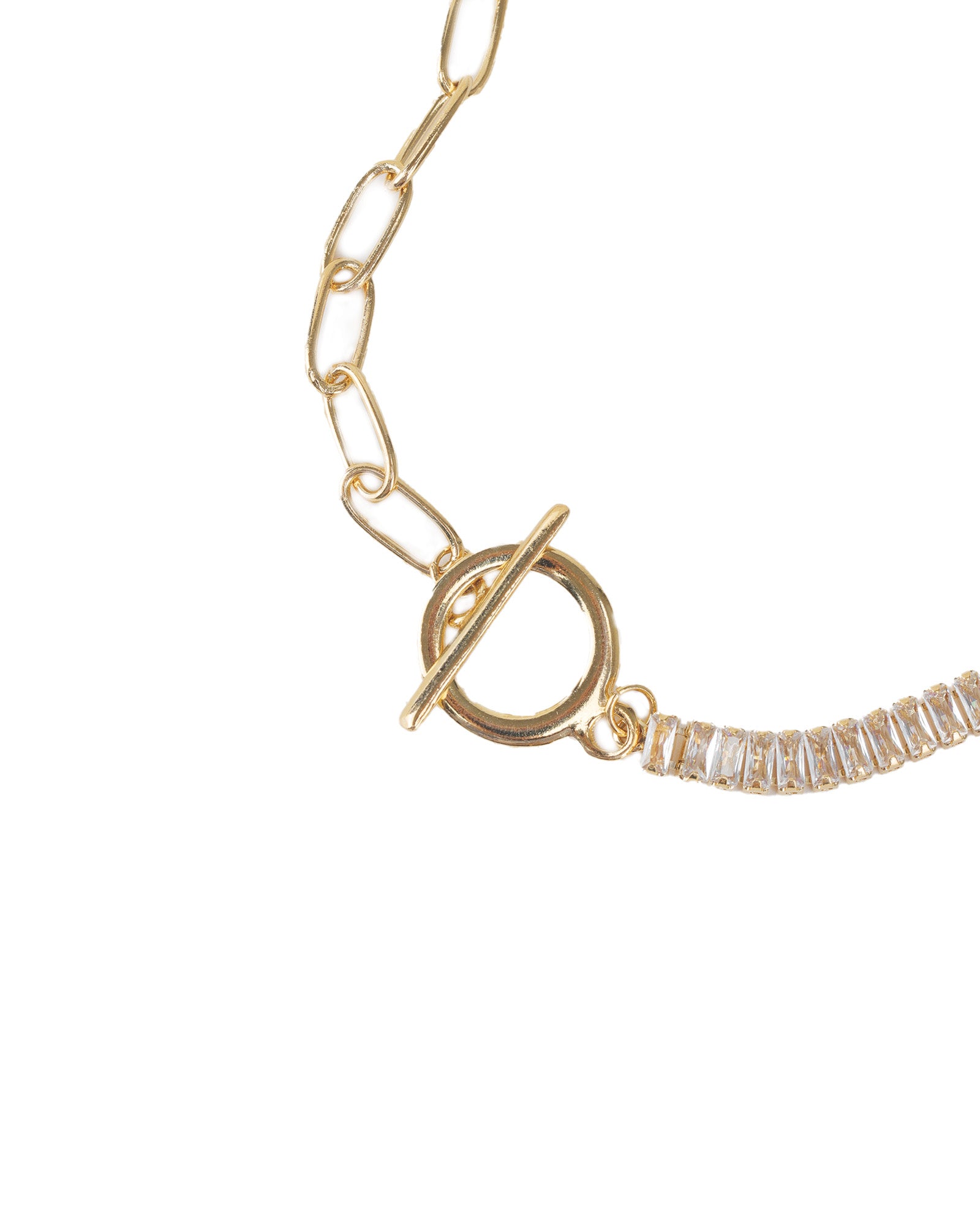 Half Baguette Oval Link Necklace 18k Gold Plated, Cubic Zirconia