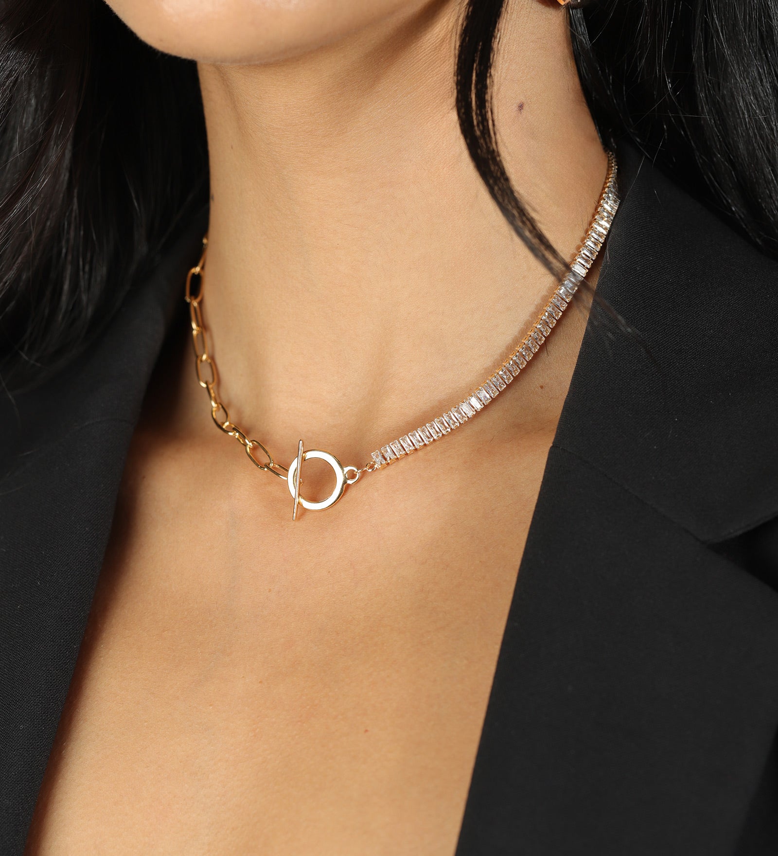 Half Baguette Oval Link Necklace 18k Gold Plated, Cubic Zirconia