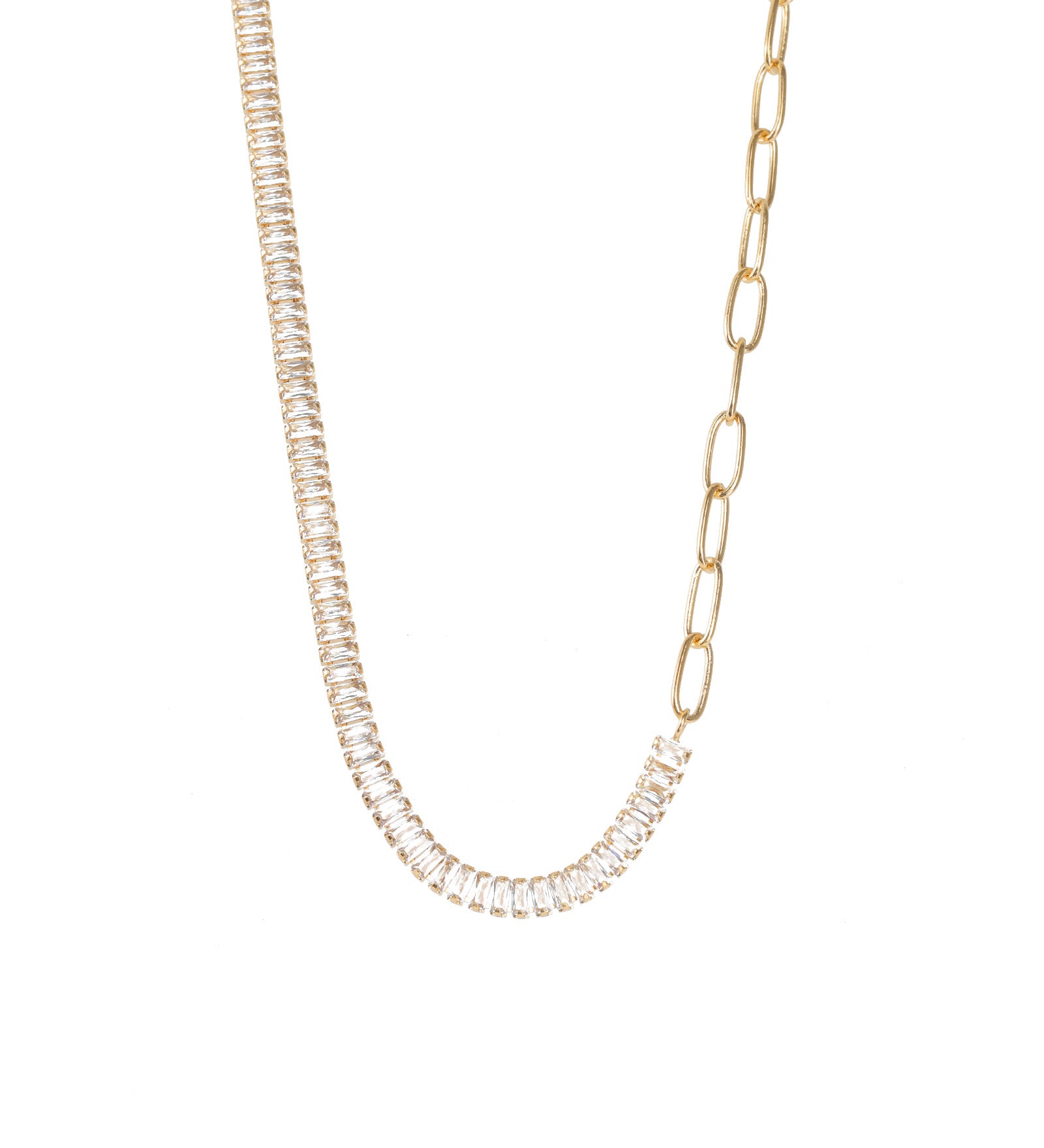 Half Baguette Oval Link Necklace 18k Gold Plated, Cubic Zirconia