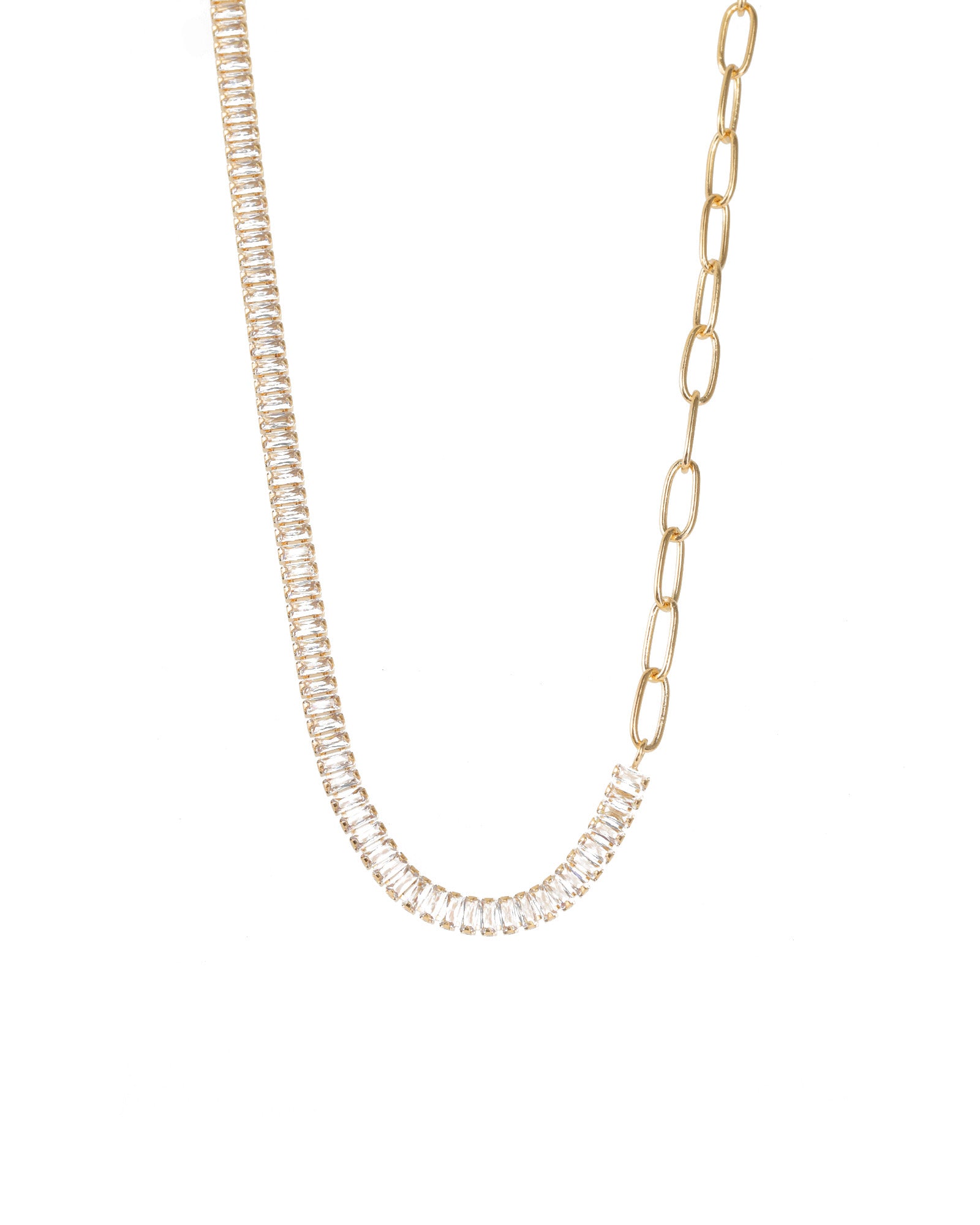 Half Baguette Oval Link Necklace 18k Gold Plated, Cubic Zirconia