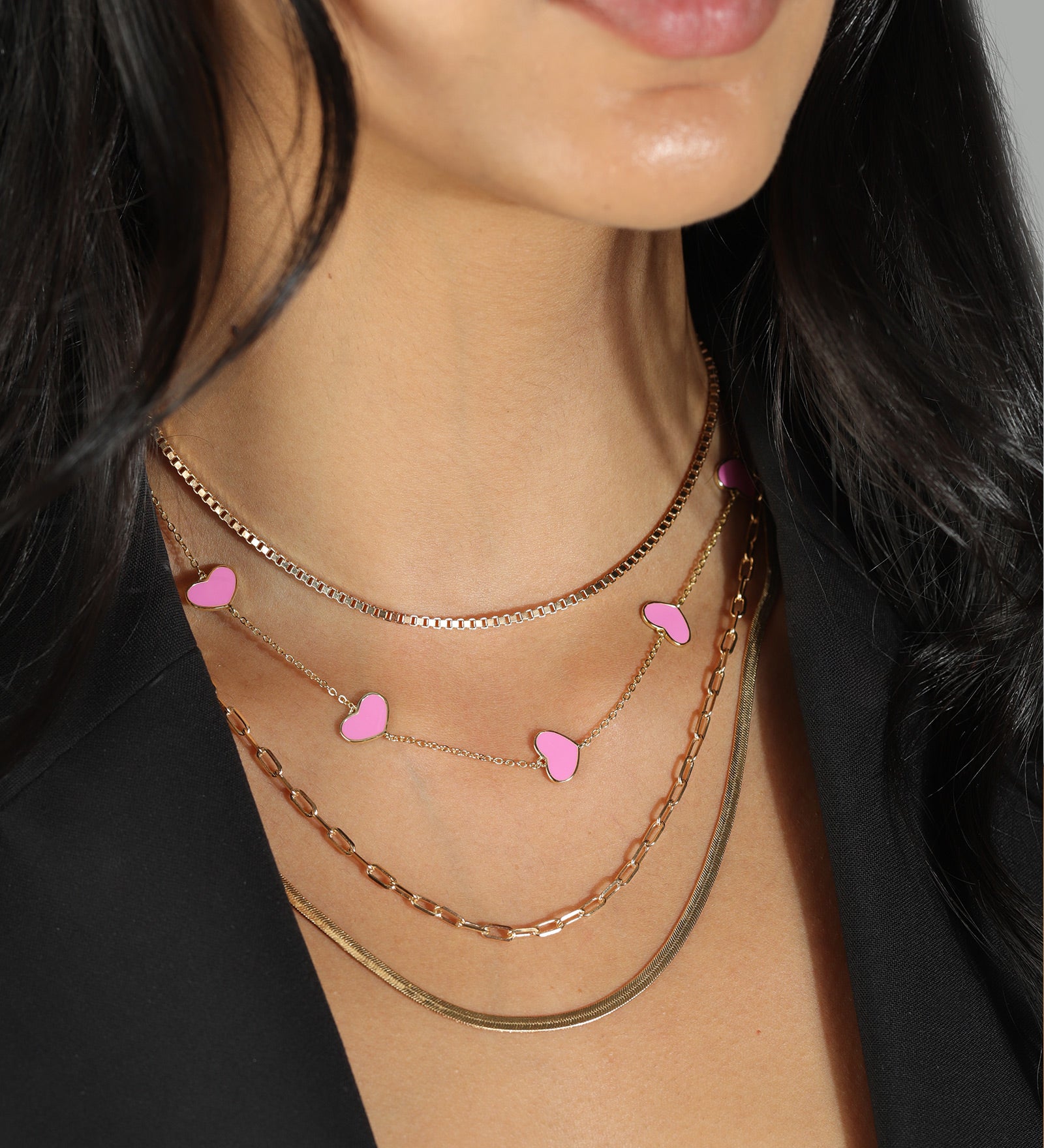 Enamel Heart Station Necklace 18k Gold Plated, Pink Enamel