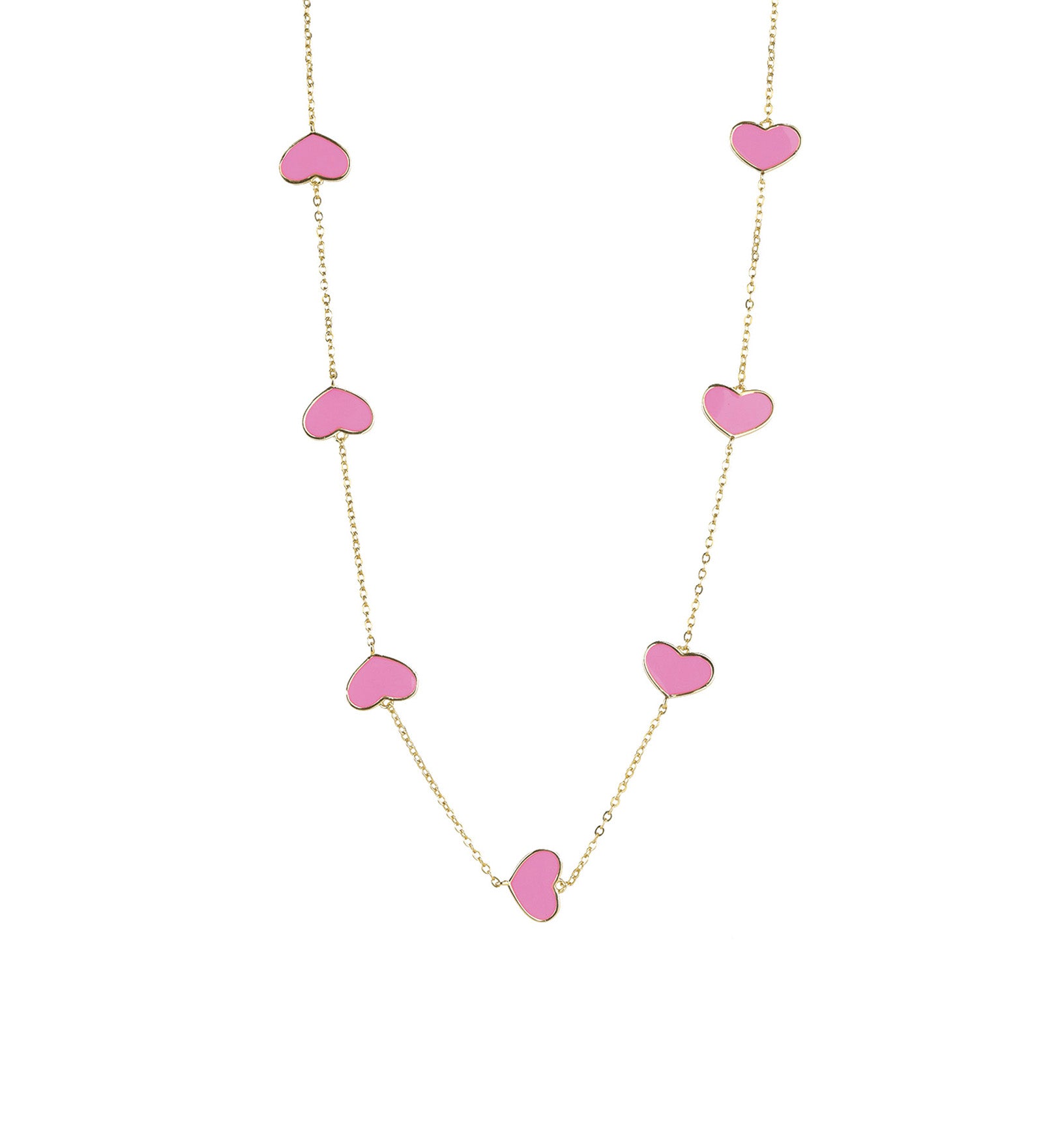 Enamel Heart Station Necklace 18k Gold Plated, Pink Enamel