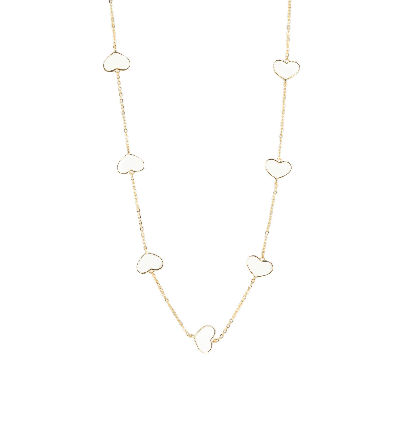 Enamel Heart Station Necklace 18k Gold Plated, White Enamel