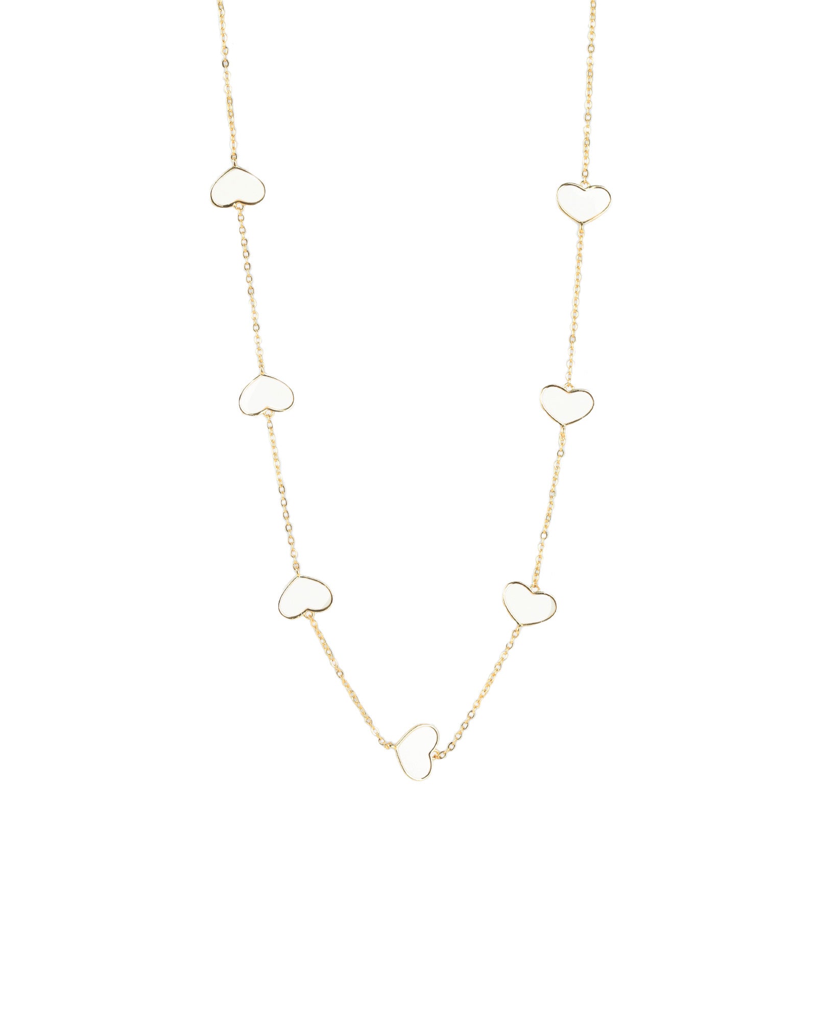 Enamel Heart Station Necklace 18k Gold Plated, White Enamel