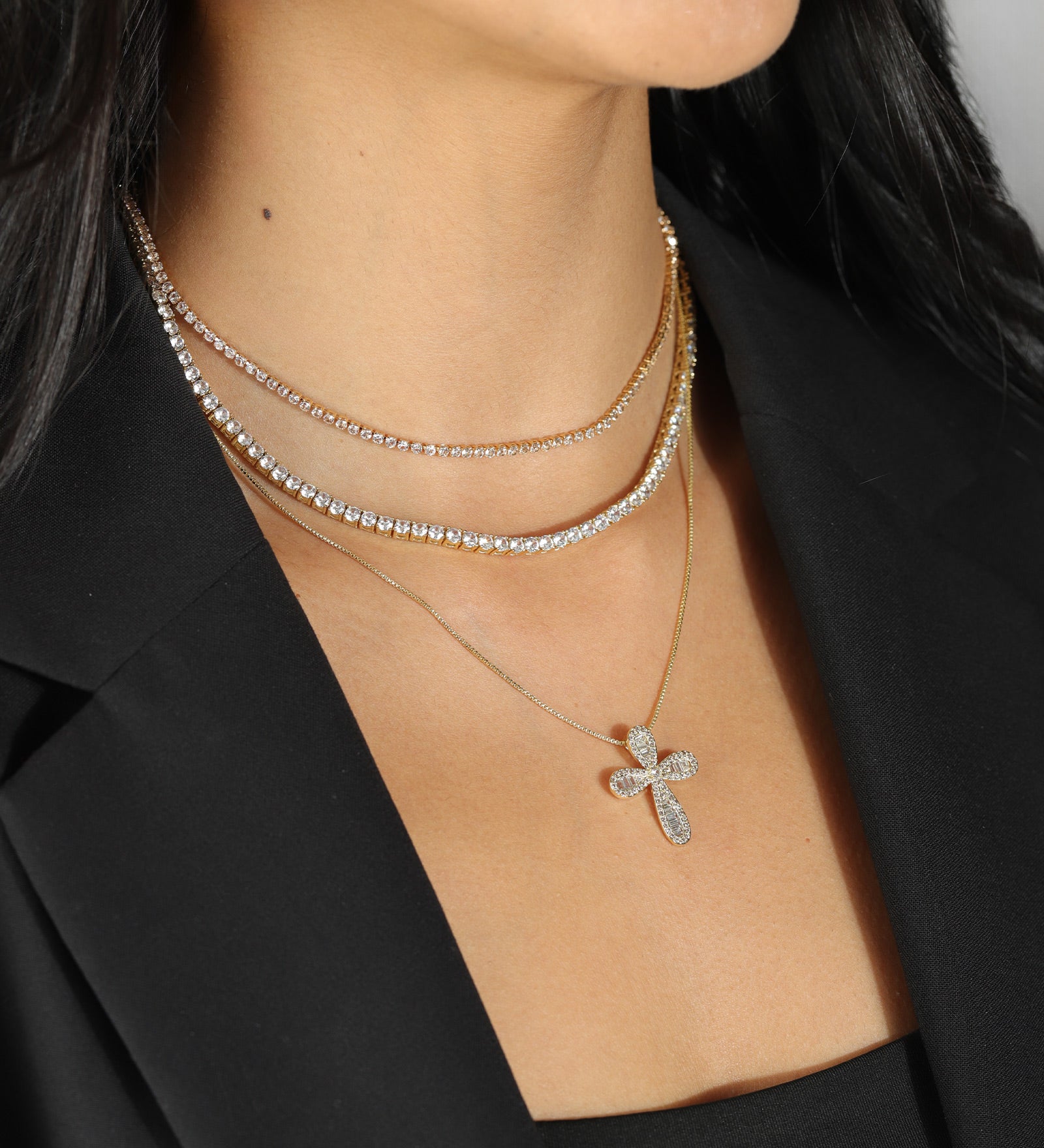 Pavé Baguette Cross Necklace 18k Gold Plated, Cubic Zirconia