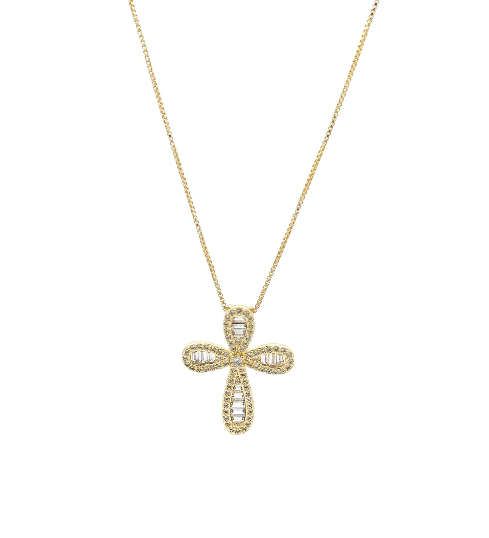 Pavé Baguette Cross Necklace 18k Gold Plated, Cubic Zirconia