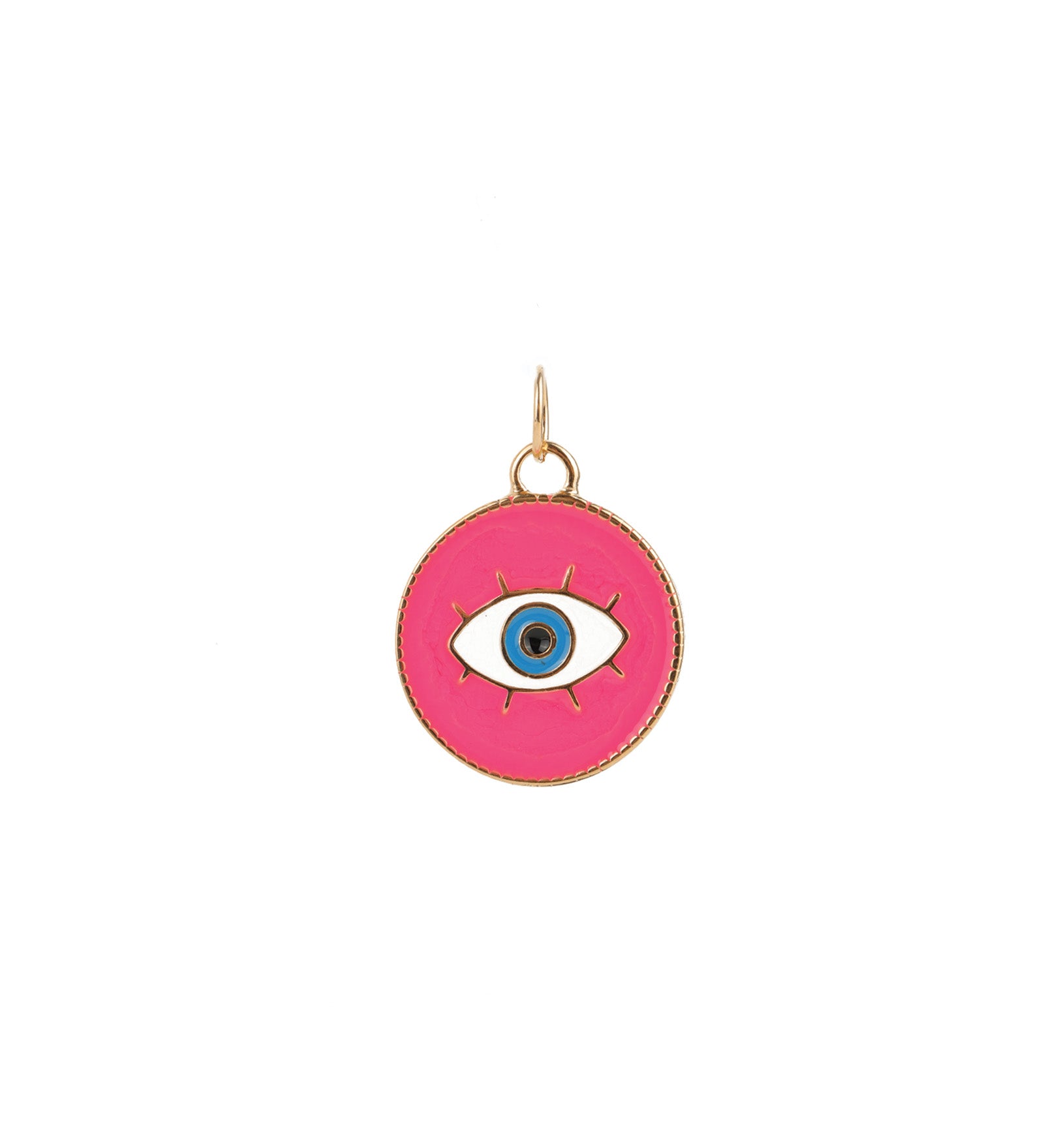 Evil Eye Round Enamel Charm 18k Gold Plated, Hot Pink Enamel