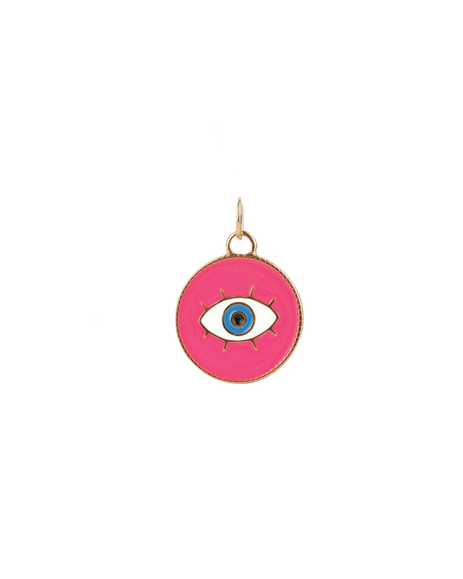 Evil Eye Round Enamel Charm 18k Gold Plated, Hot Pink Enamel