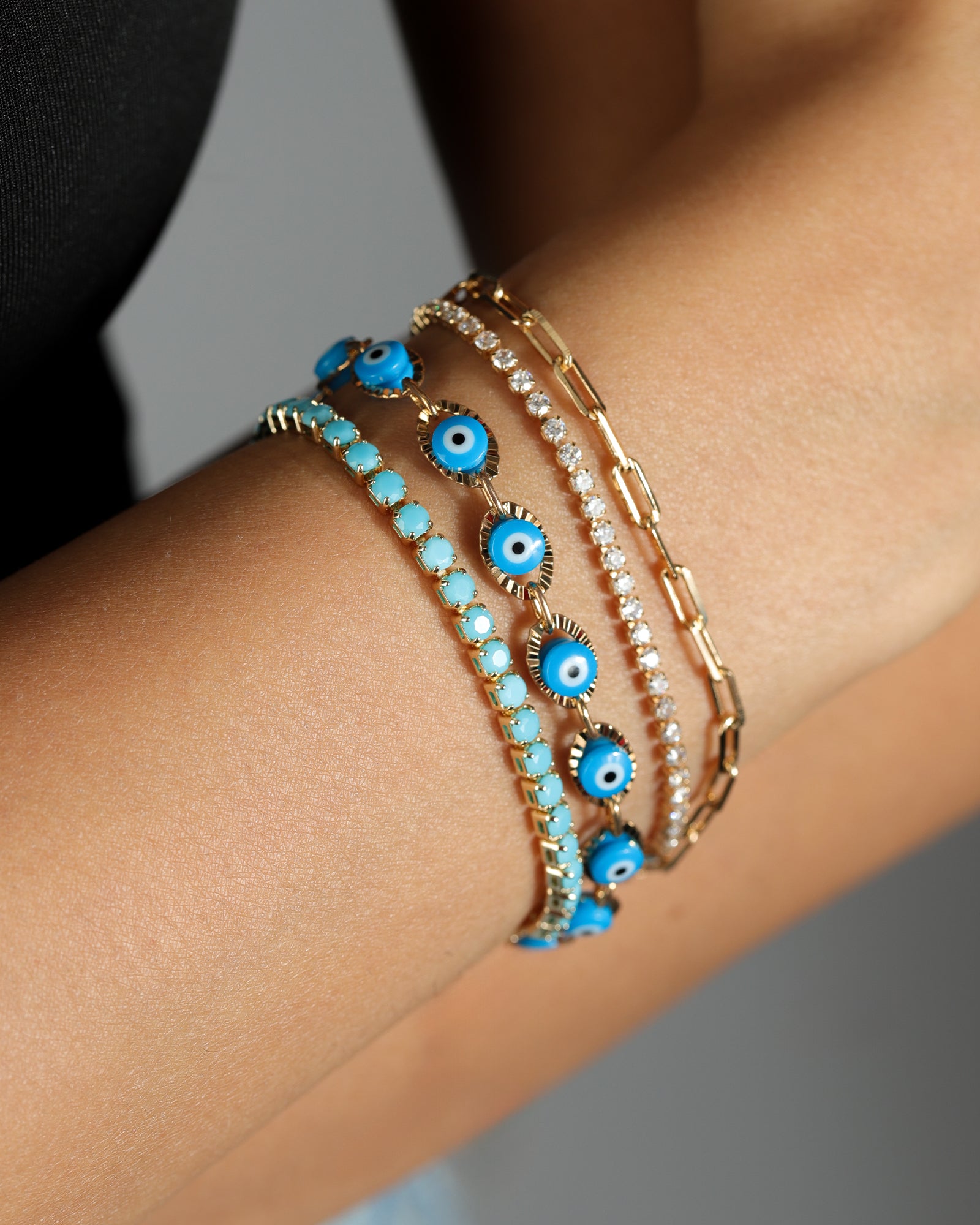 Station Evil Eye Bracelet 18k Gold Plated, Blue Enamel