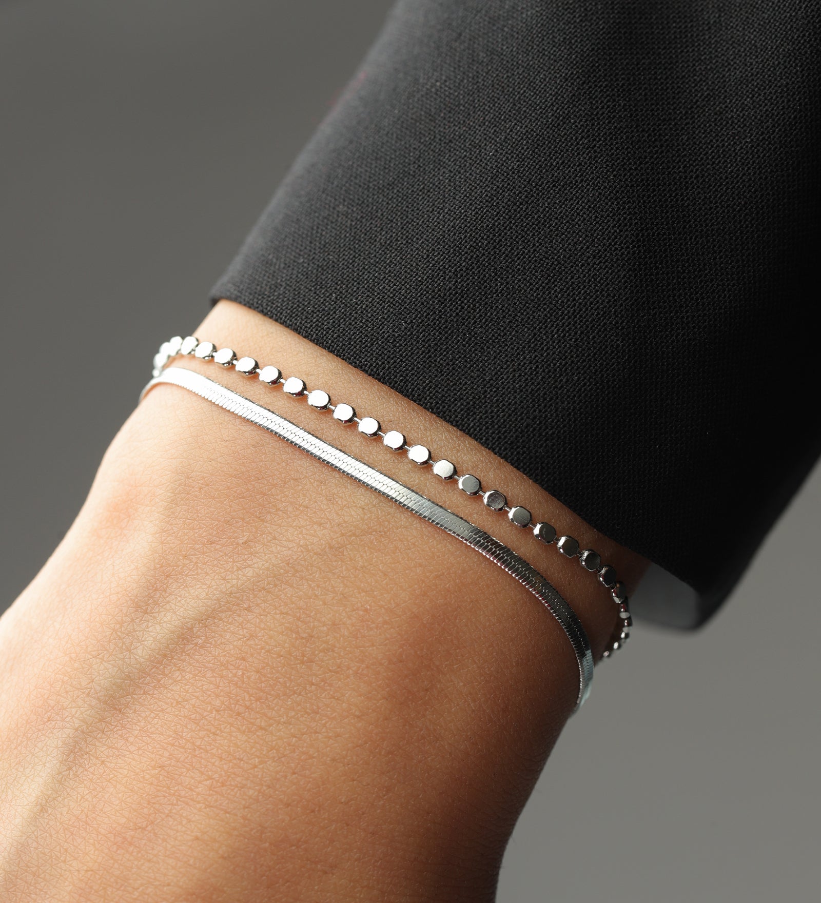 2 Row Herringbone Disc Bracelet Rhodium Plated