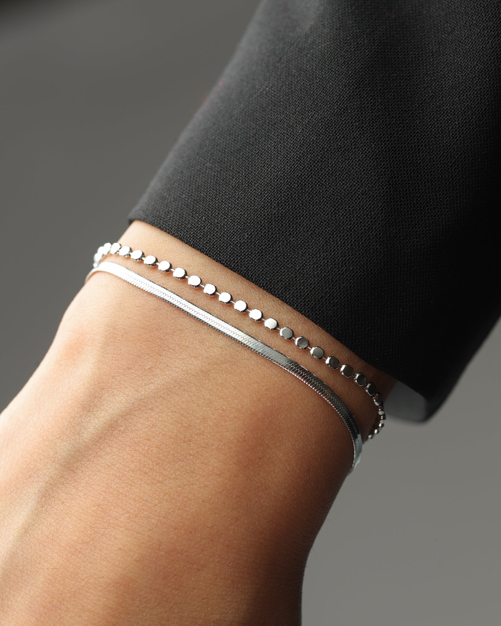 2 Row Herringbone Disc Bracelet Rhodium Plated