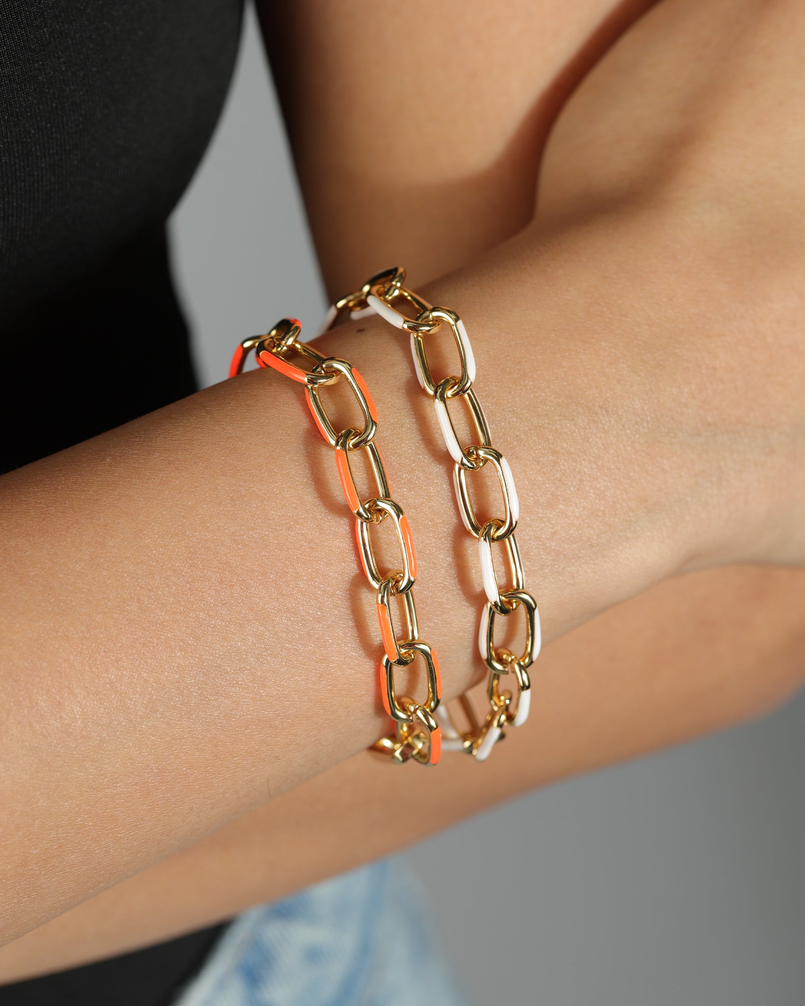 Oval Link Enamel Bracelet 18k Gold Plated, Orange Enamel