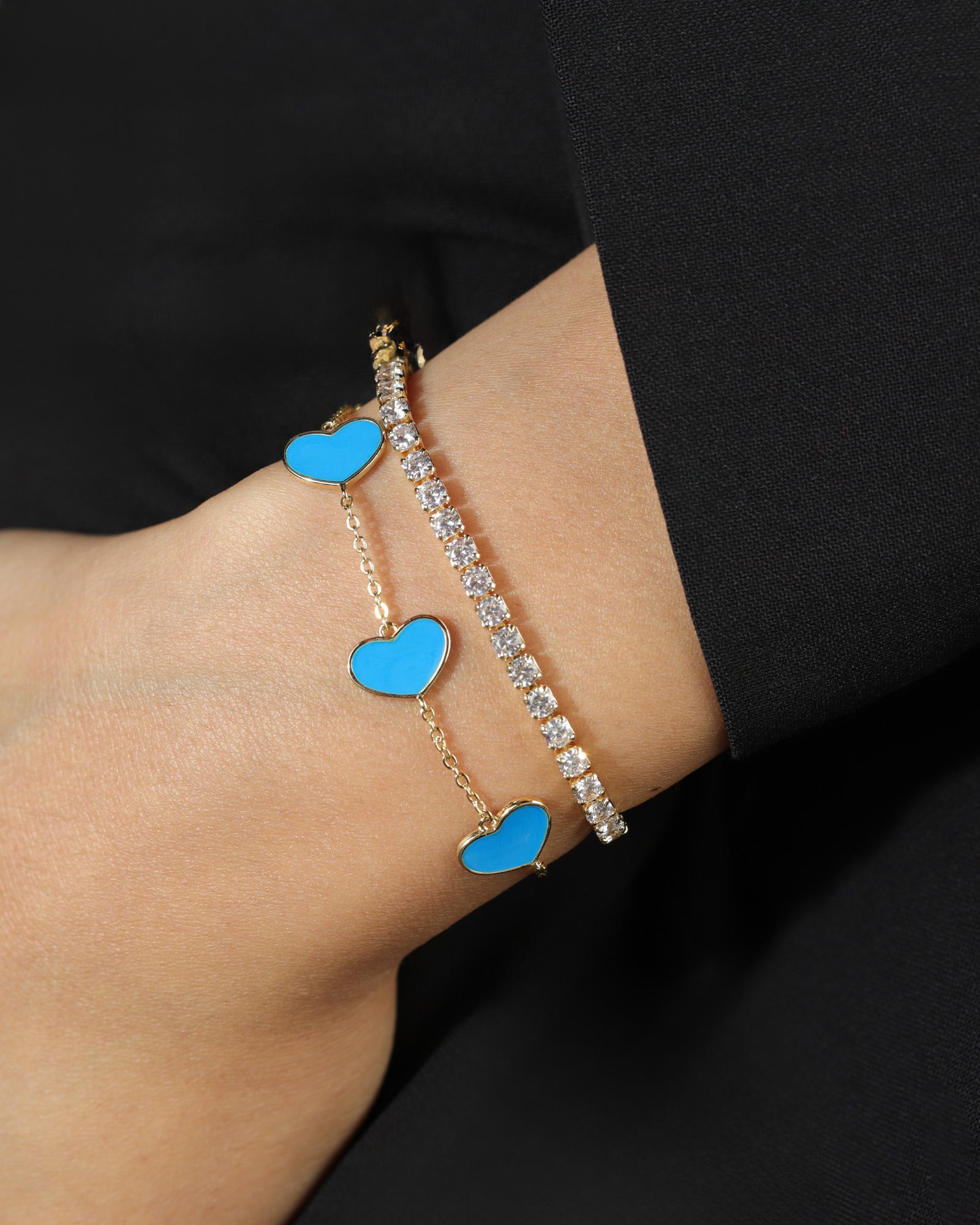 Enamel Heart Station Bracelet 18k Gold Plated, Blue Enamel