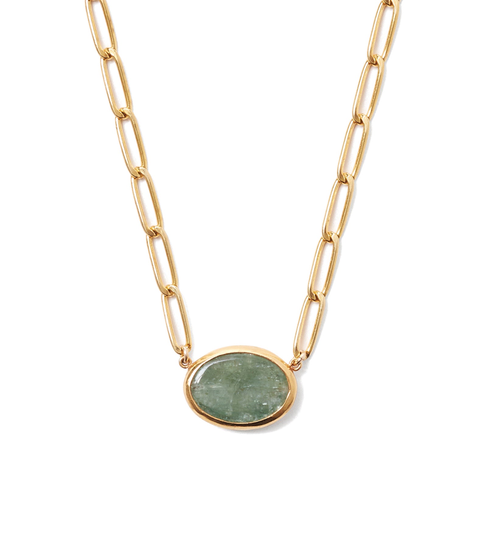 Oval Green Kyanite Bezel Paperclip Necklace 18k Gold Vermeil, Green Kyanite