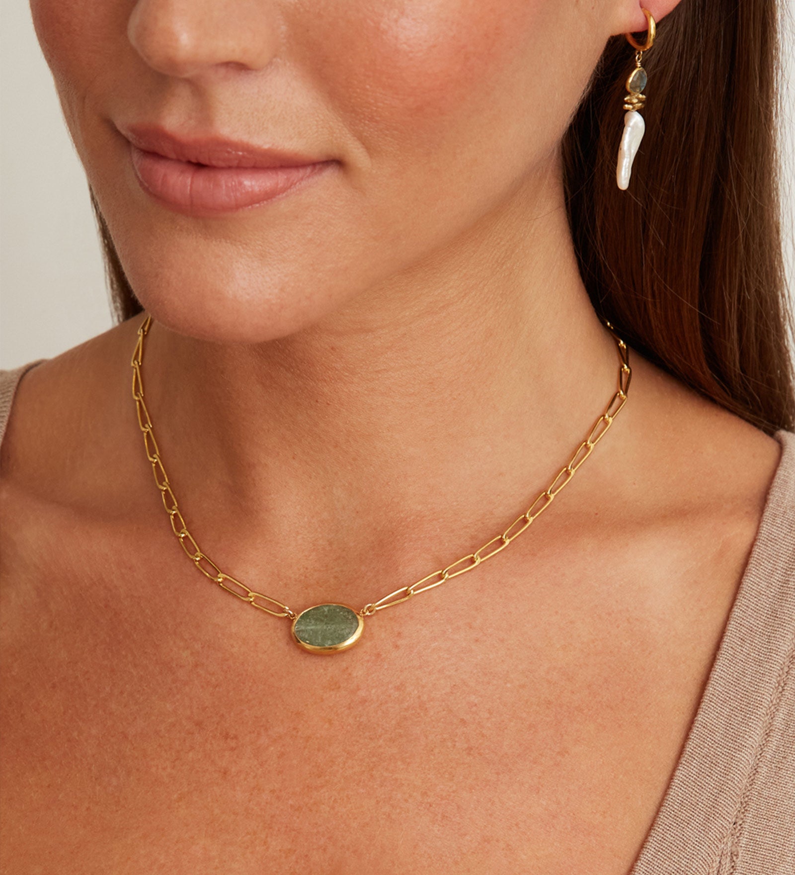 Oval Green Kyanite Bezel Paperclip Necklace 18k Gold Vermeil, Green Kyanite