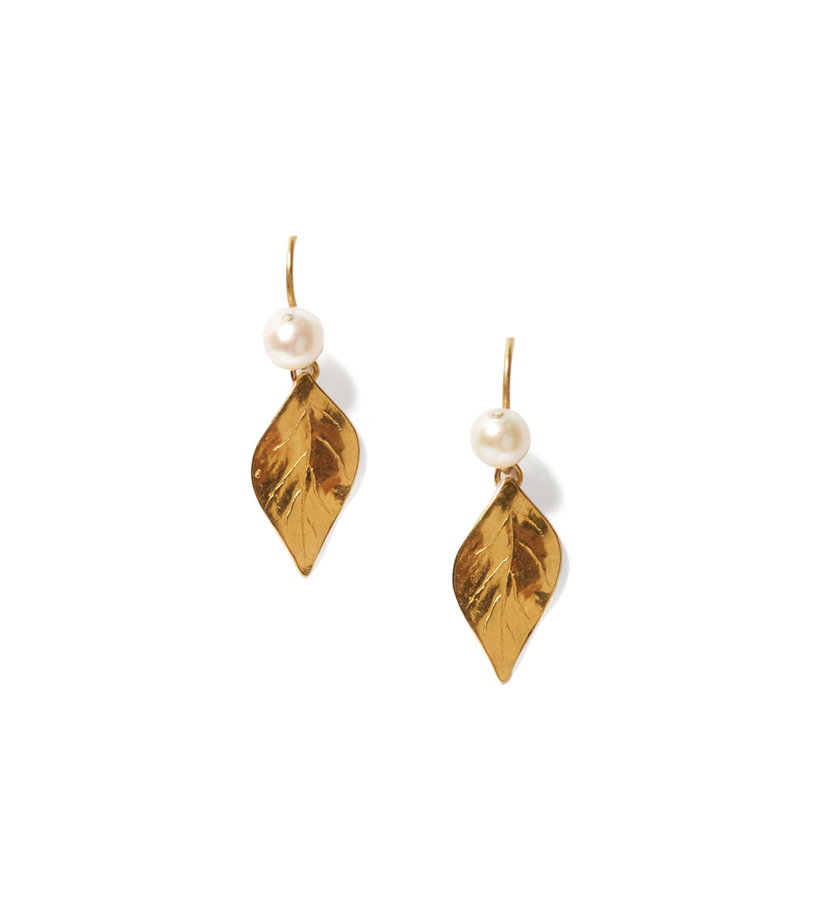 Falling Leaf Drop Earrings 18k Gold Vermeil, White Pearl