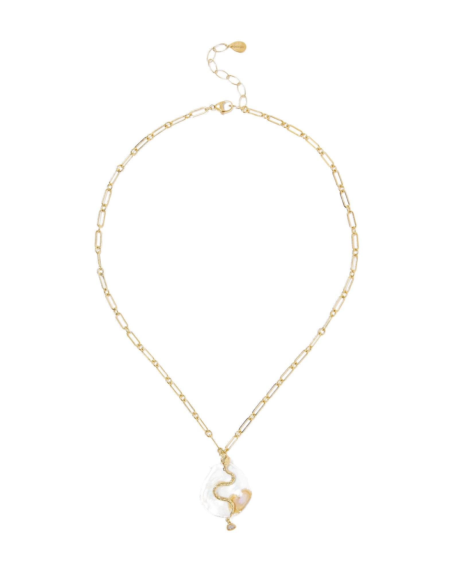 Snake Pearl Coin Diamond Necklace 18k Gold Vermeil, White Pearl