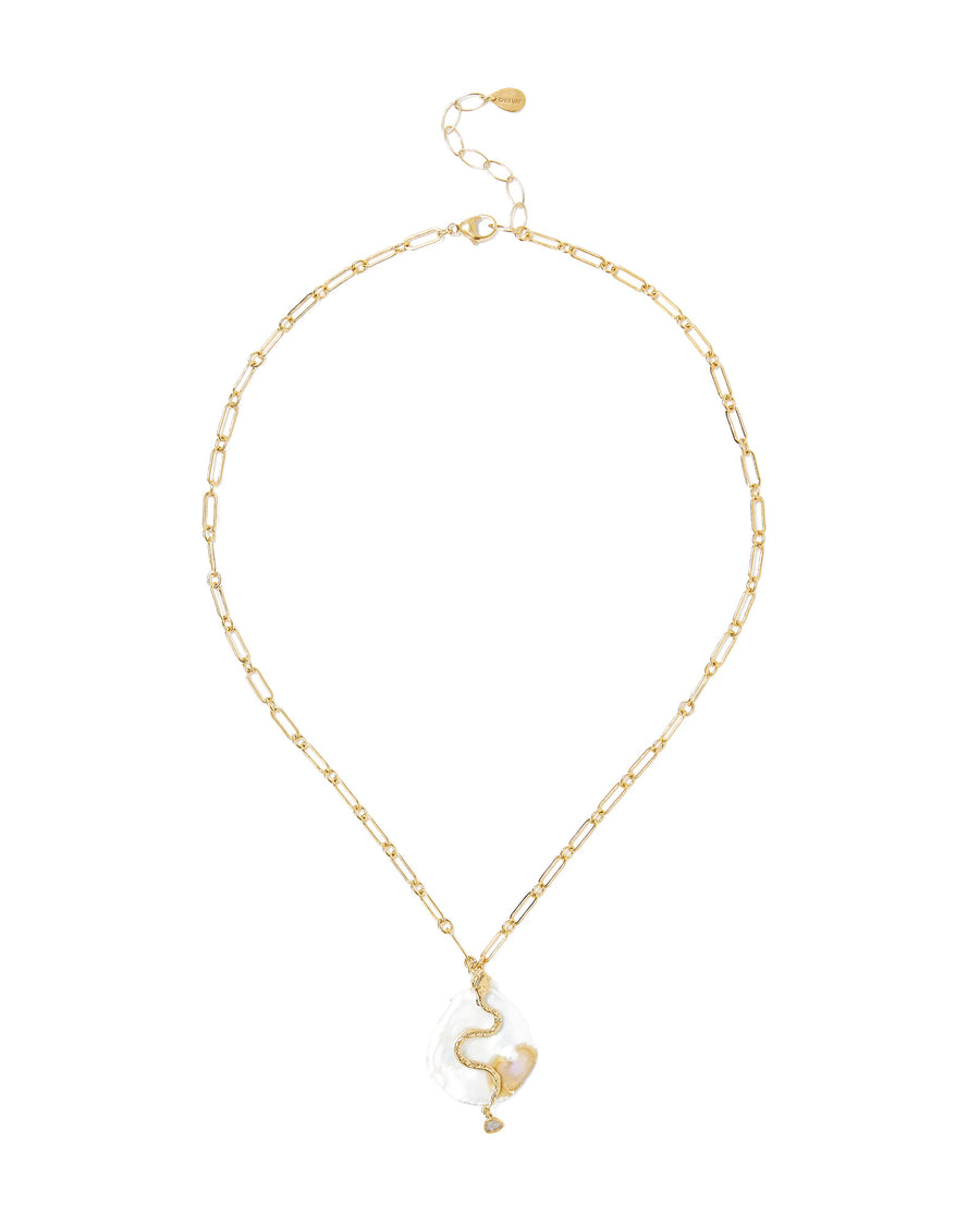 Snake Pearl Coin Diamond Necklace 18k Gold Vermeil, White Pearl