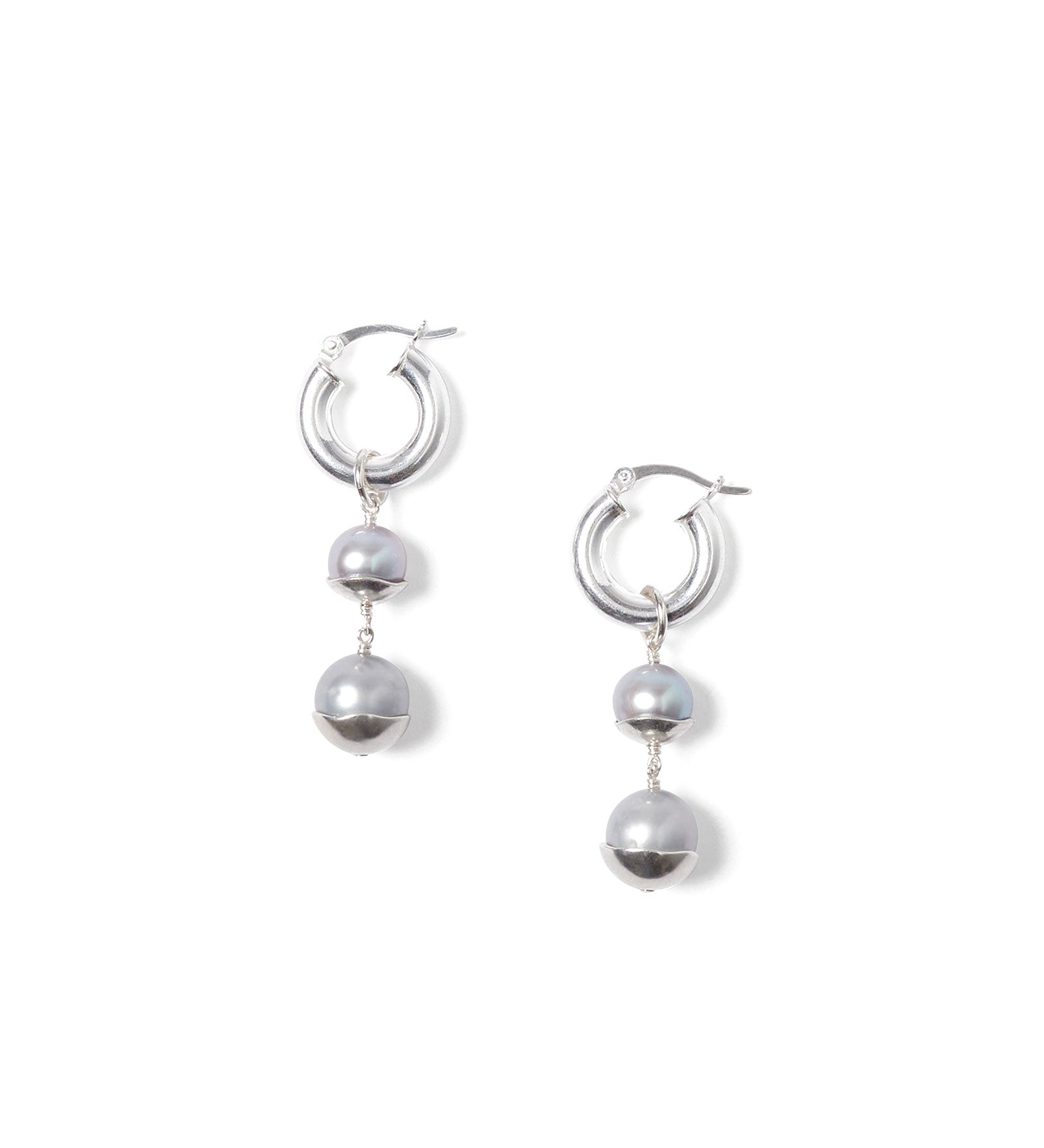 Silver Dipped Tiered Hoop Earrings Sterling Silver, Grey Pearl