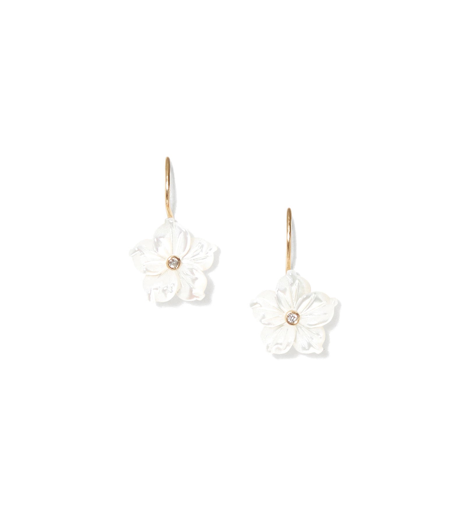 Plumeria Earrings 14k Yellow Gold, Mother of Pearl, Diamond