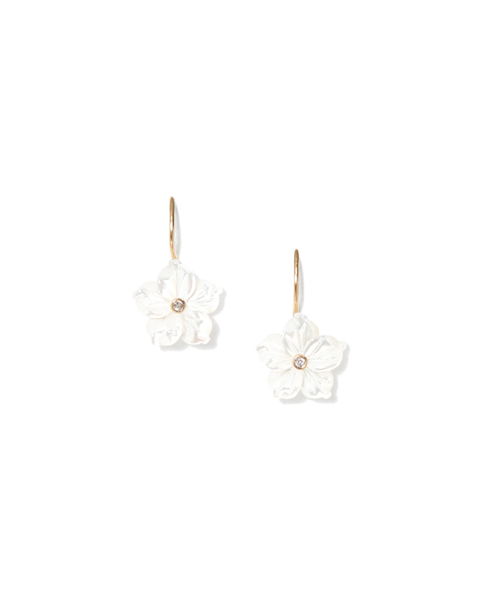 Plumeria Earrings 14k Yellow Gold, Mother of Pearl, Diamond