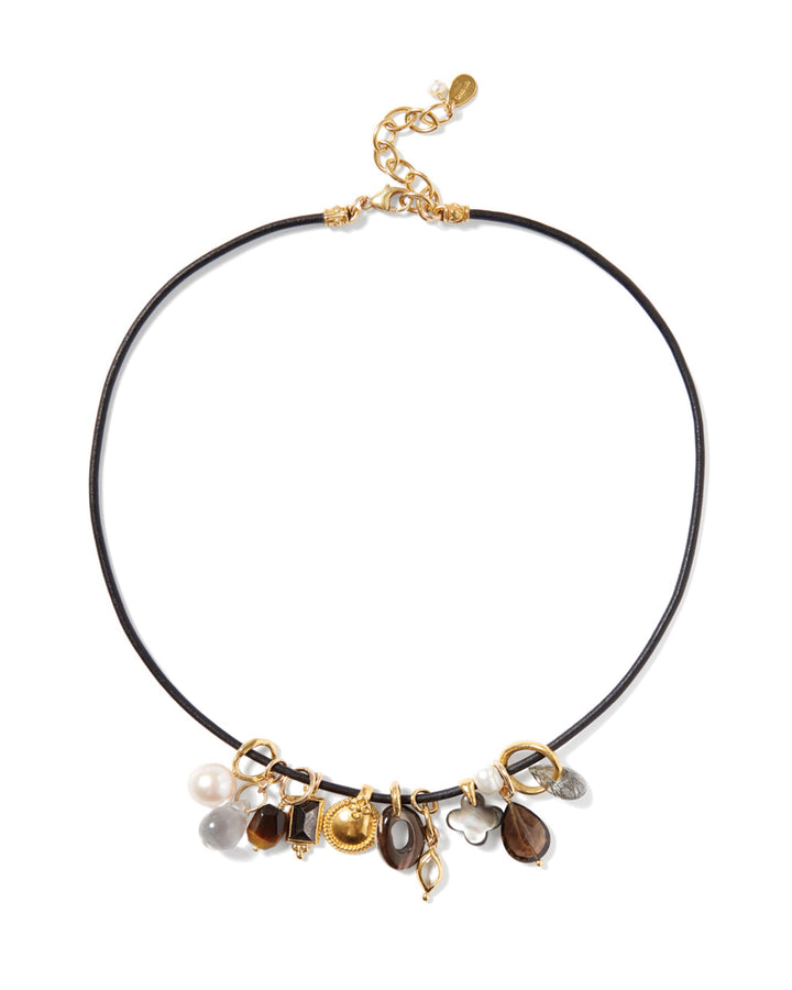 Mix Stone Charm Leather Necklace 18k Gold Vermeil, White Pearl