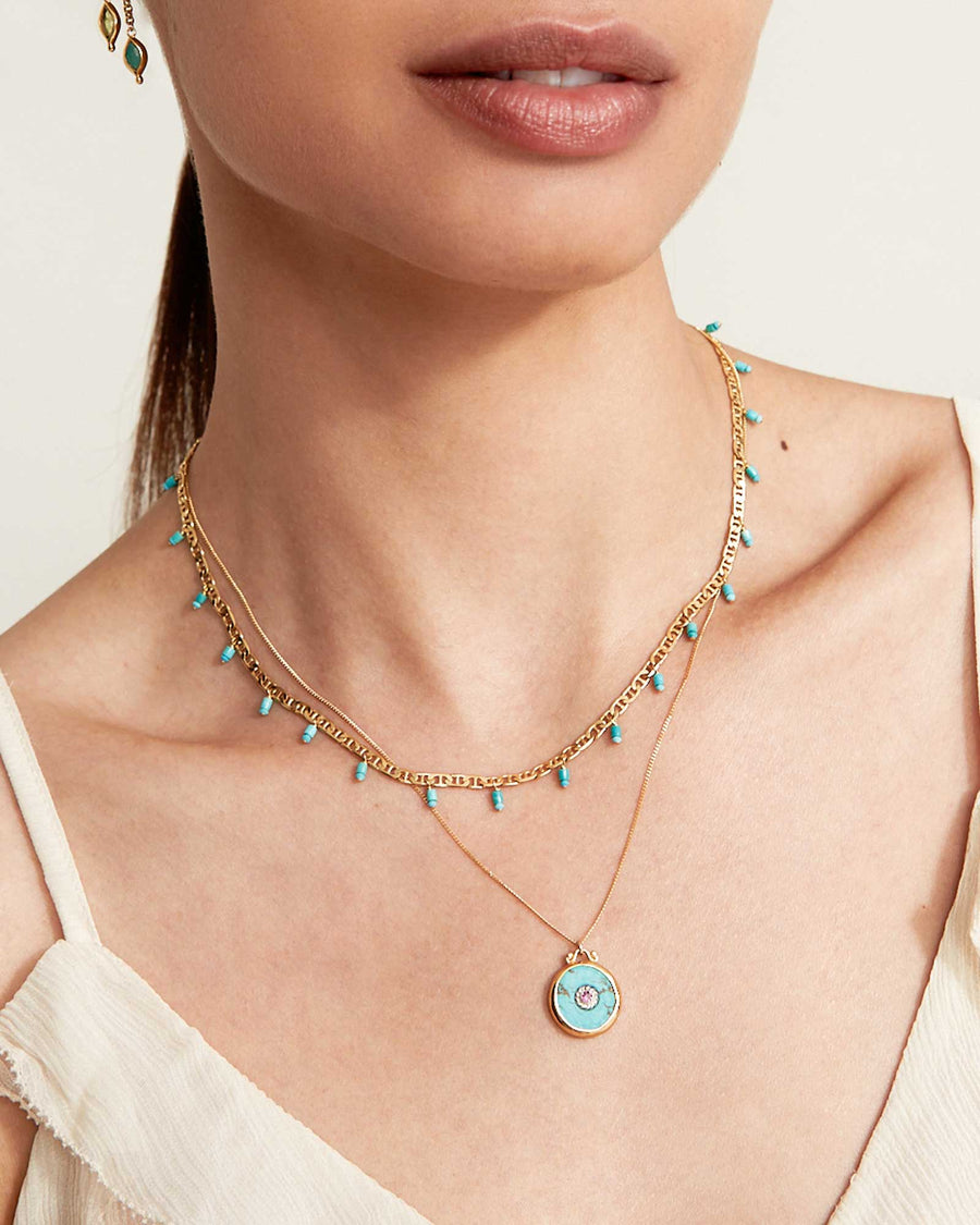 Coin Stone Inlay Stone  Necklace 18k Gold Vermeil, Turquoise