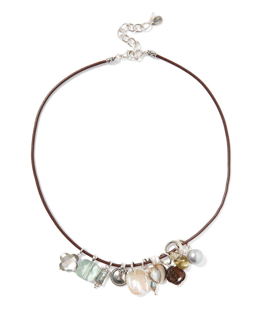 Mix Stone Charm Leather Necklace Sterling Silver, White Pearl