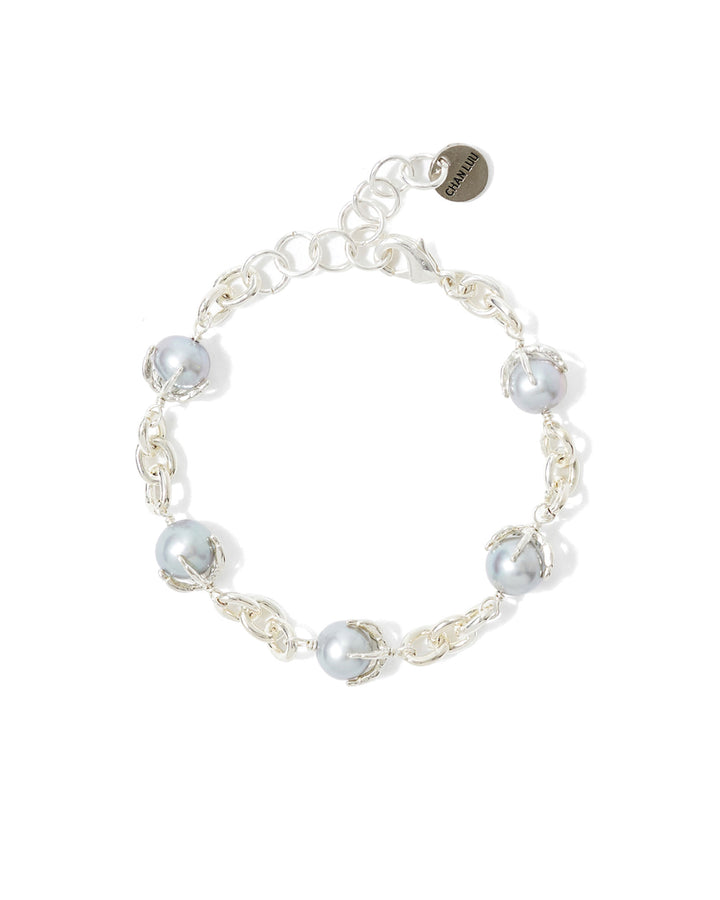 5 Claw Pearl Link Bracelet Silver Plated, Grey Pearl