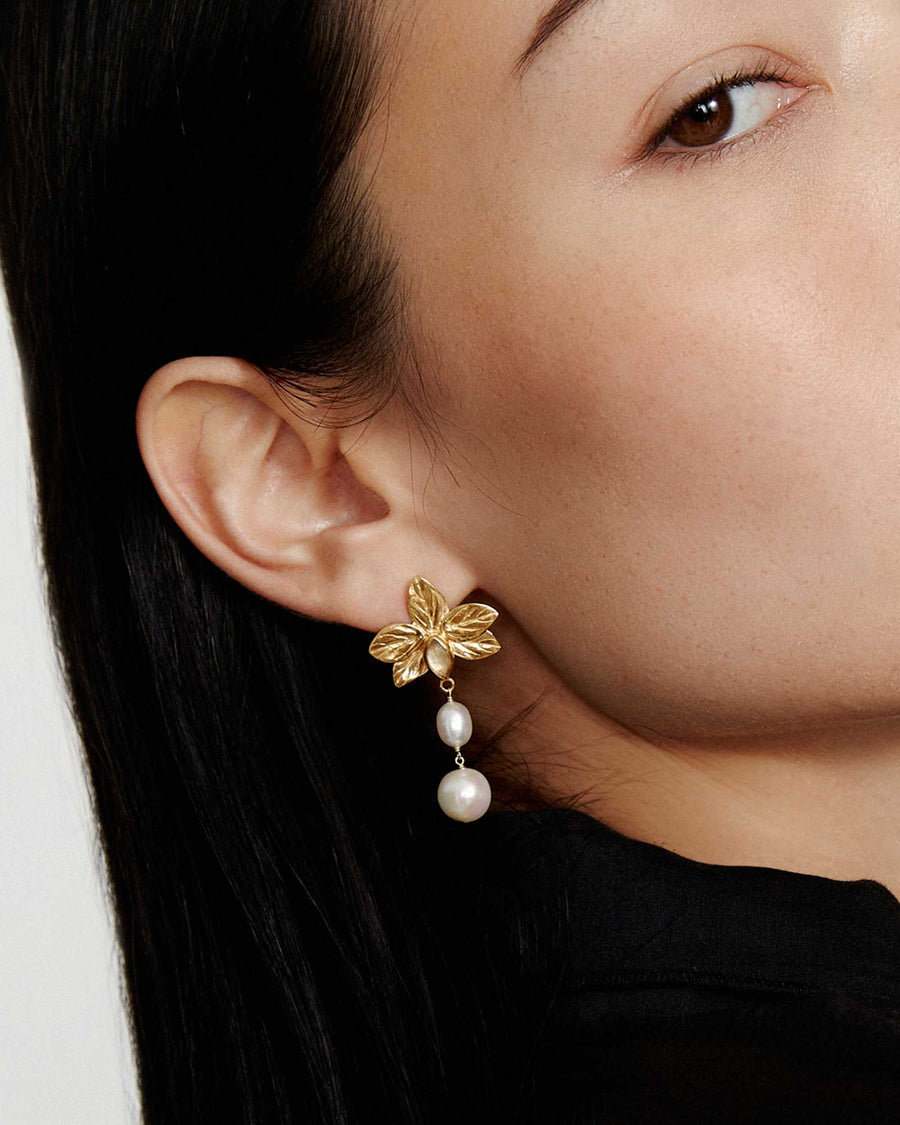 5 Petal Citrine + Pearl Drop Studs 18k Gold Vermeil, White Pearl