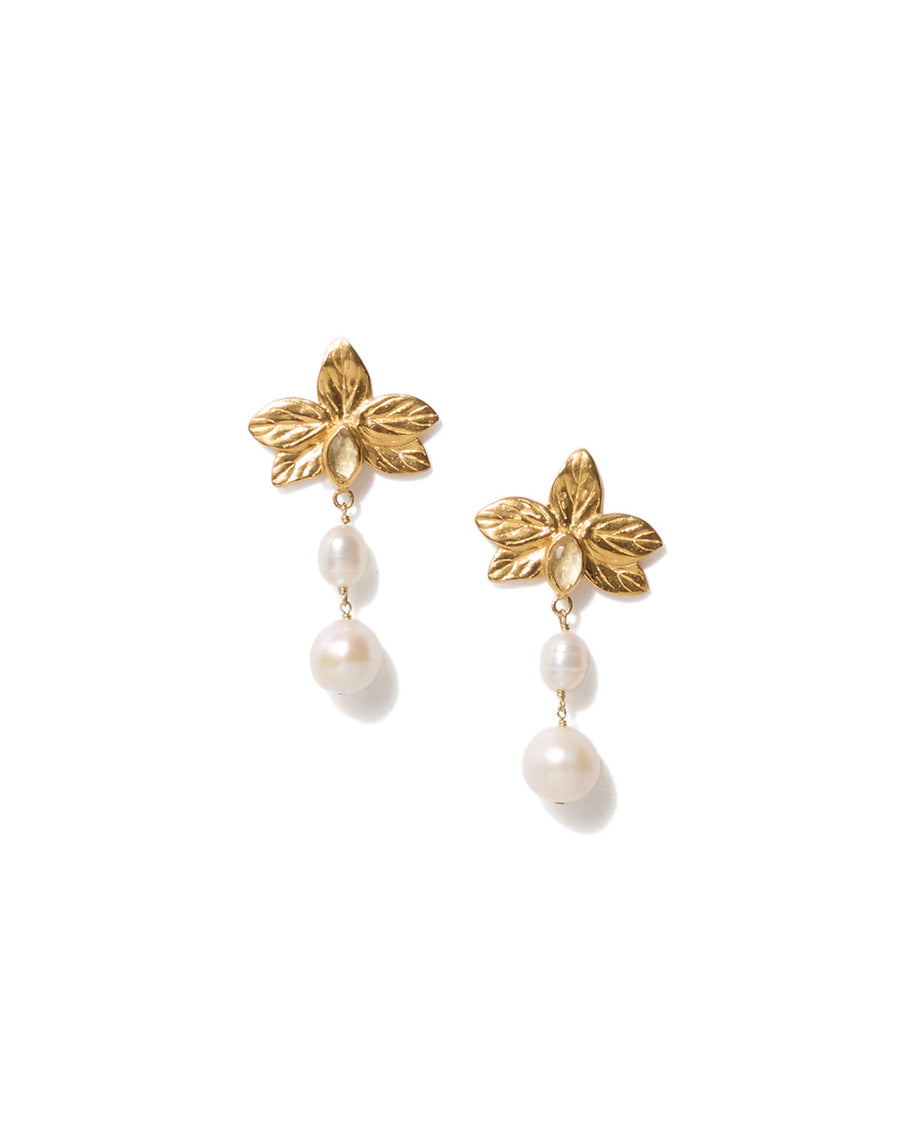 5 Petal Citrine + Pearl Drop Studs 18k Gold Vermeil, White Pearl