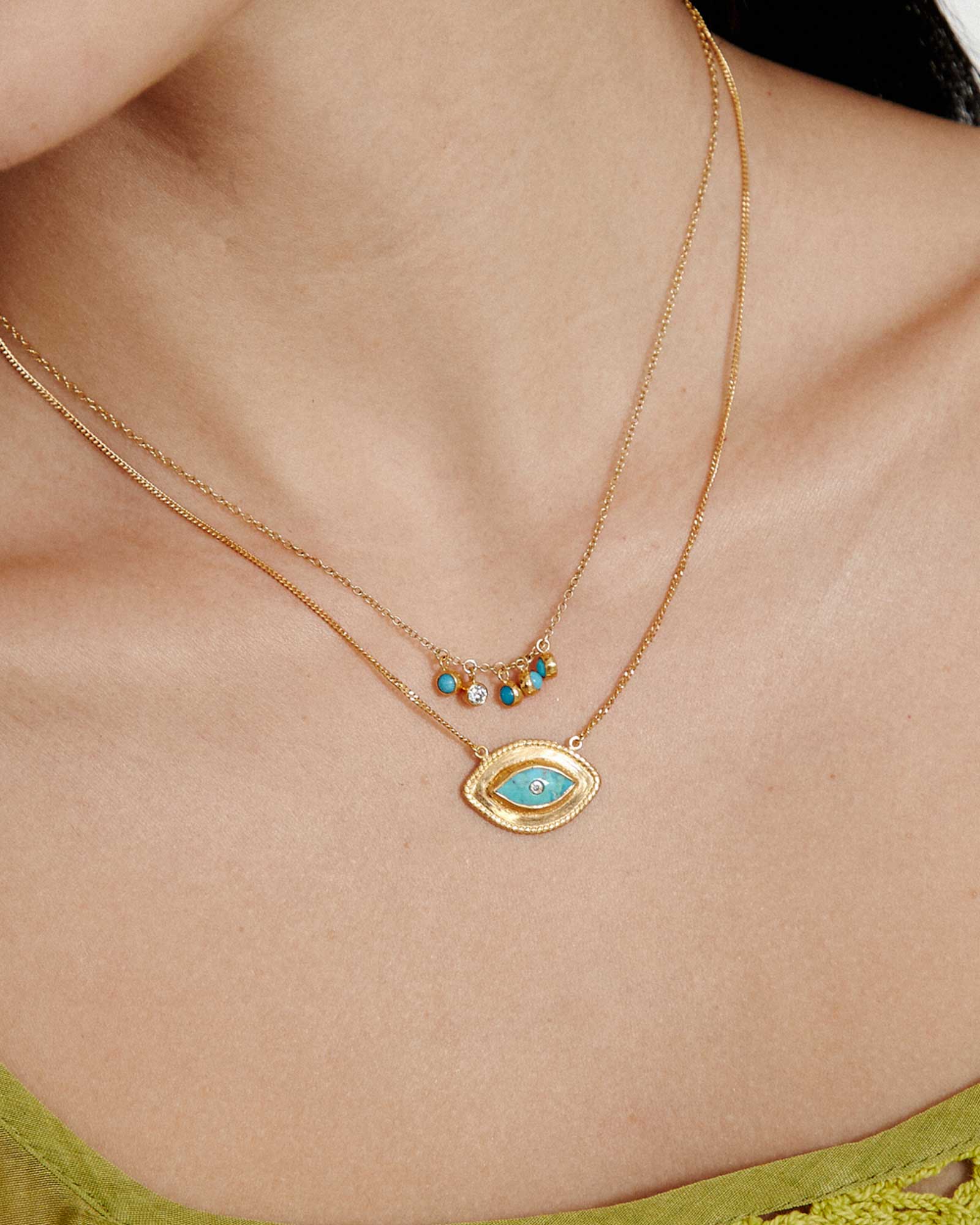 Bezel Stone Evil Eye Diamond Necklace 18k Gold Vermeil, Turquoise