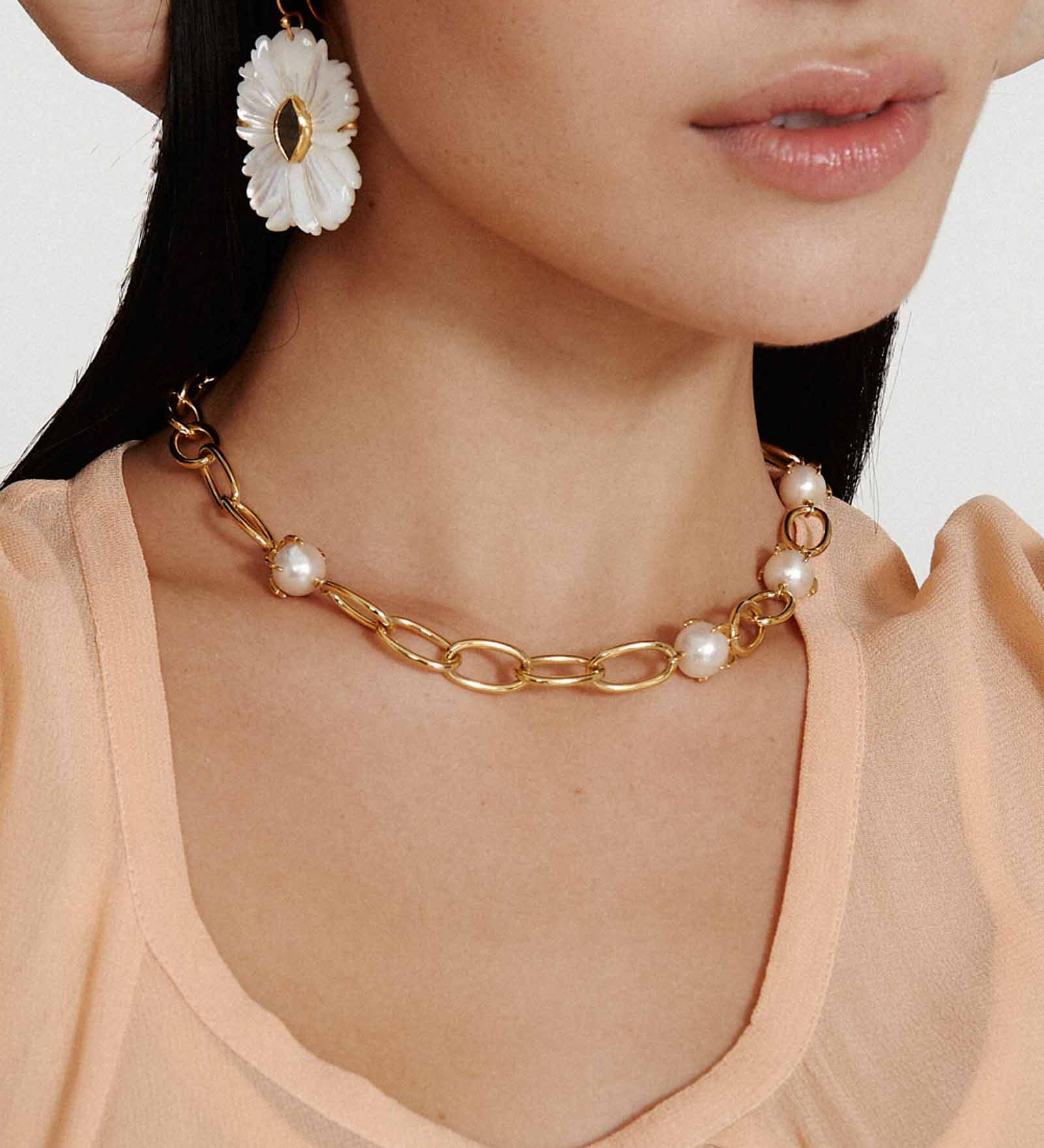 Link Claw Akoya Necklace 18k Gold Plated, White Pearl