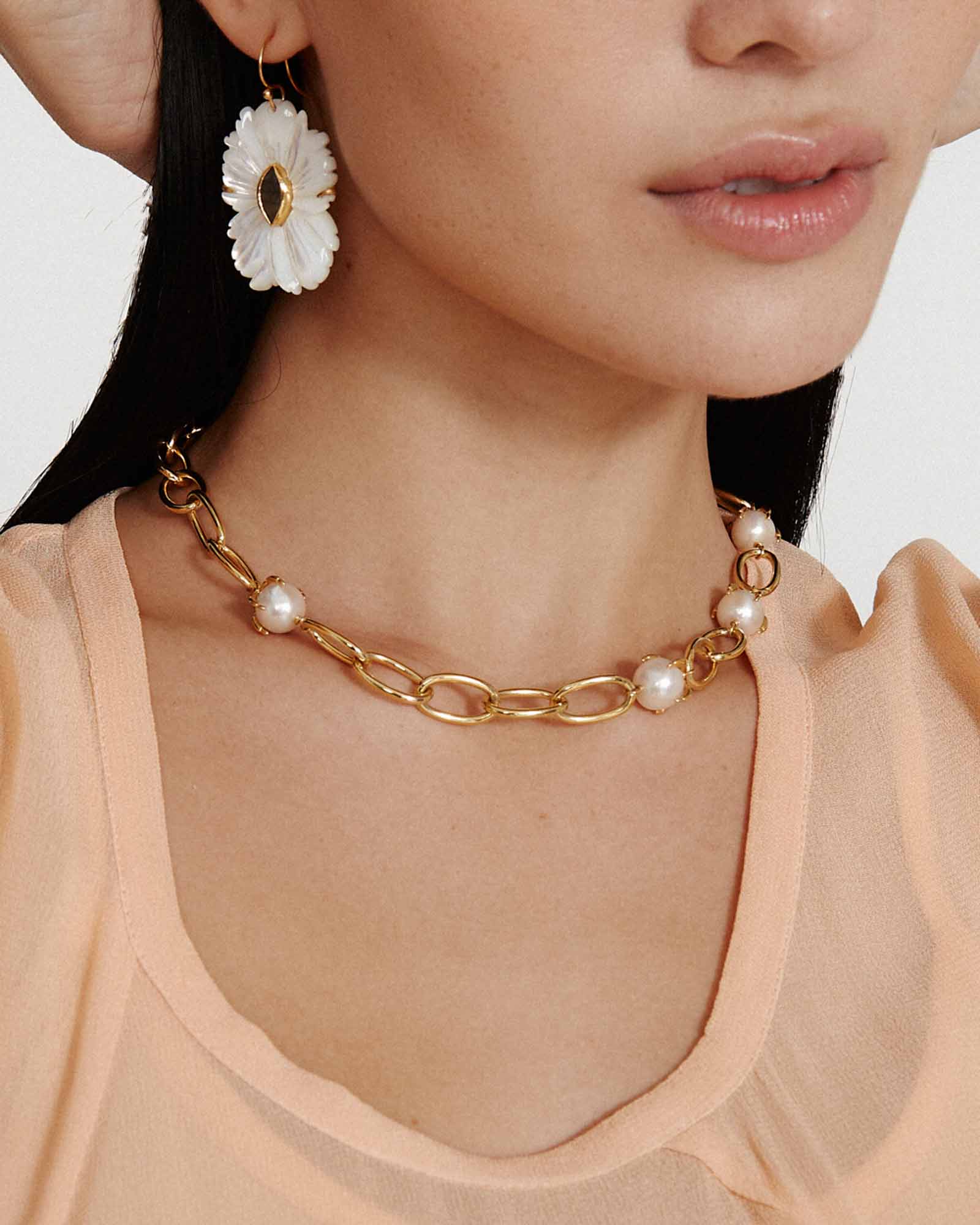 Link Claw Akoya Necklace 18k Gold Plated, White Pearl